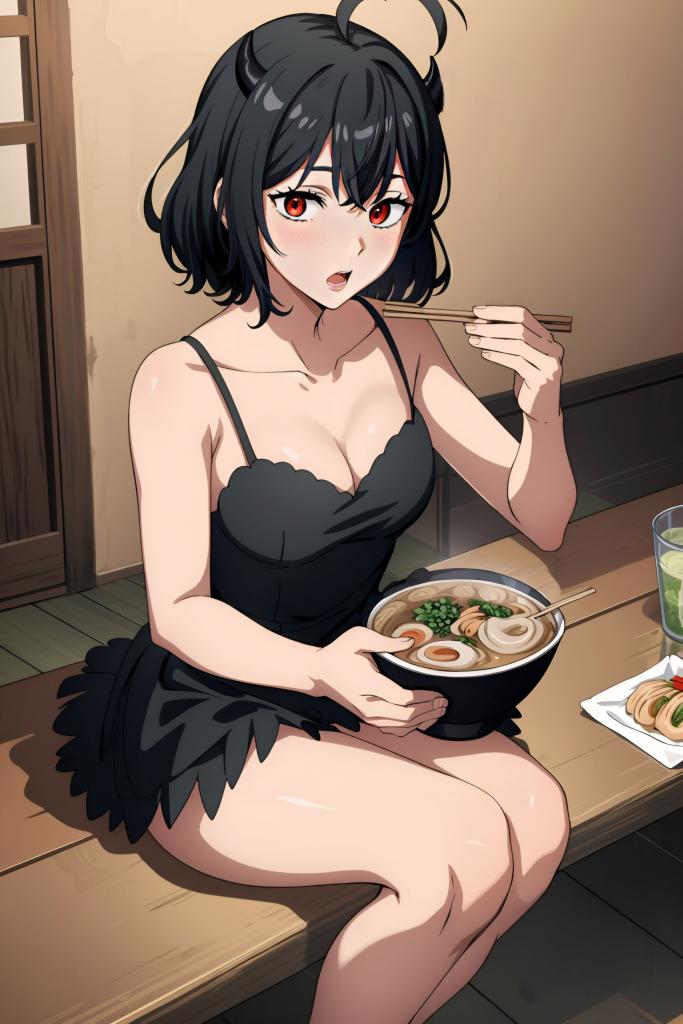 1girls, ai generated, ass, big ass, black hair, black swimsuit, blush, breasts, female, horns, red eyes, short hair, small breasts
