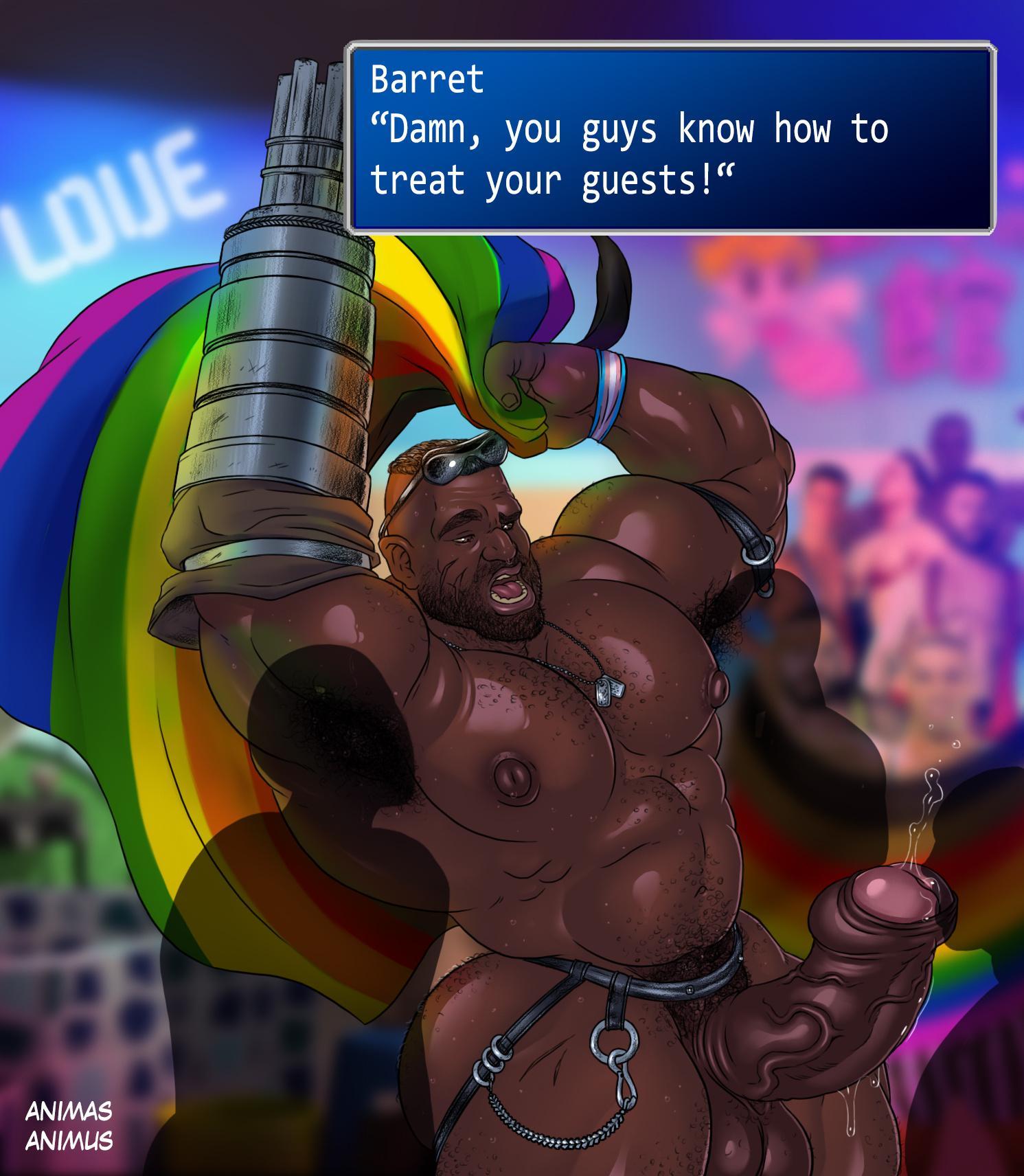 animasanimus armpit_hair armpits balls bara barret_wallace beard big_penis black_hair body_hair boner dark-skinned_male dark_skin erection facial_hair final_fantasy final_fantasy_vii flag lgbt_pride male male_only muscles muscular penis pride_flag prosthetic_arm sweat sweating text_box