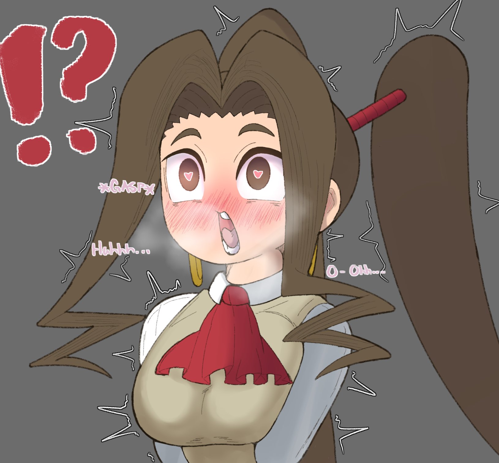!?, 1girls, 2023, ahe gao, big breasts, blush, breasts, brown eyes, brown hair, english text, female, fully clothed, gasp, grey background, heart-shaped pupils, heavy blush, heavy breathing, long hair, open mouth, original, original character, pleasure face, school uniform, schoolgirl, shocked, shocked expression, shortstack, simple background, solo, solo focus, text, twintails, twitch lines, twitching, vammzu, very long hair