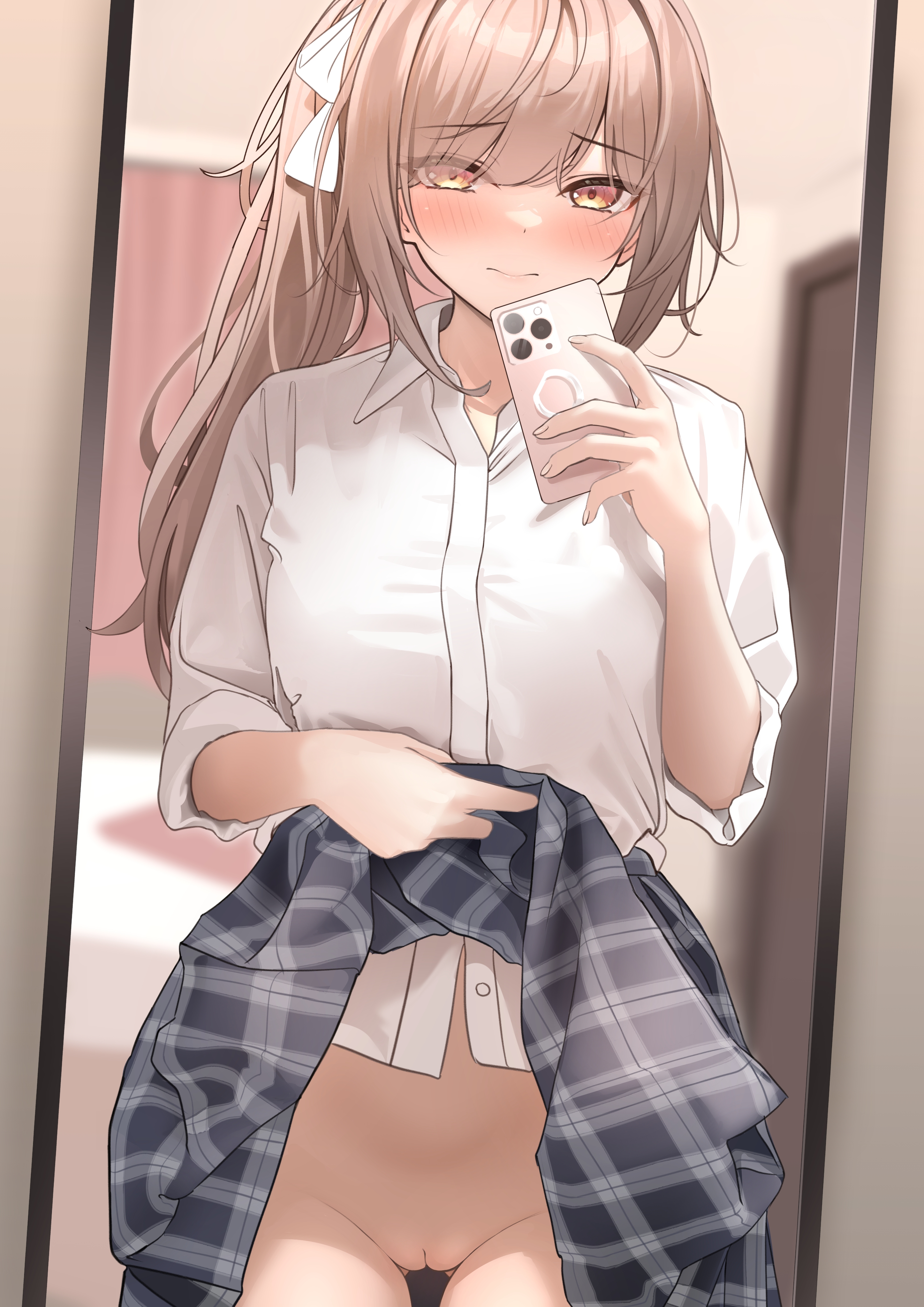 amber eyes, blush, brown hair, female, going commando, hair ornament, imouto-chan (monaka curl), long hair, mirror selfie, monaka curl, no panties, original, pleated skirt, pussy, school uniform, selfie, skirt, skirt lift, smile, white shirt