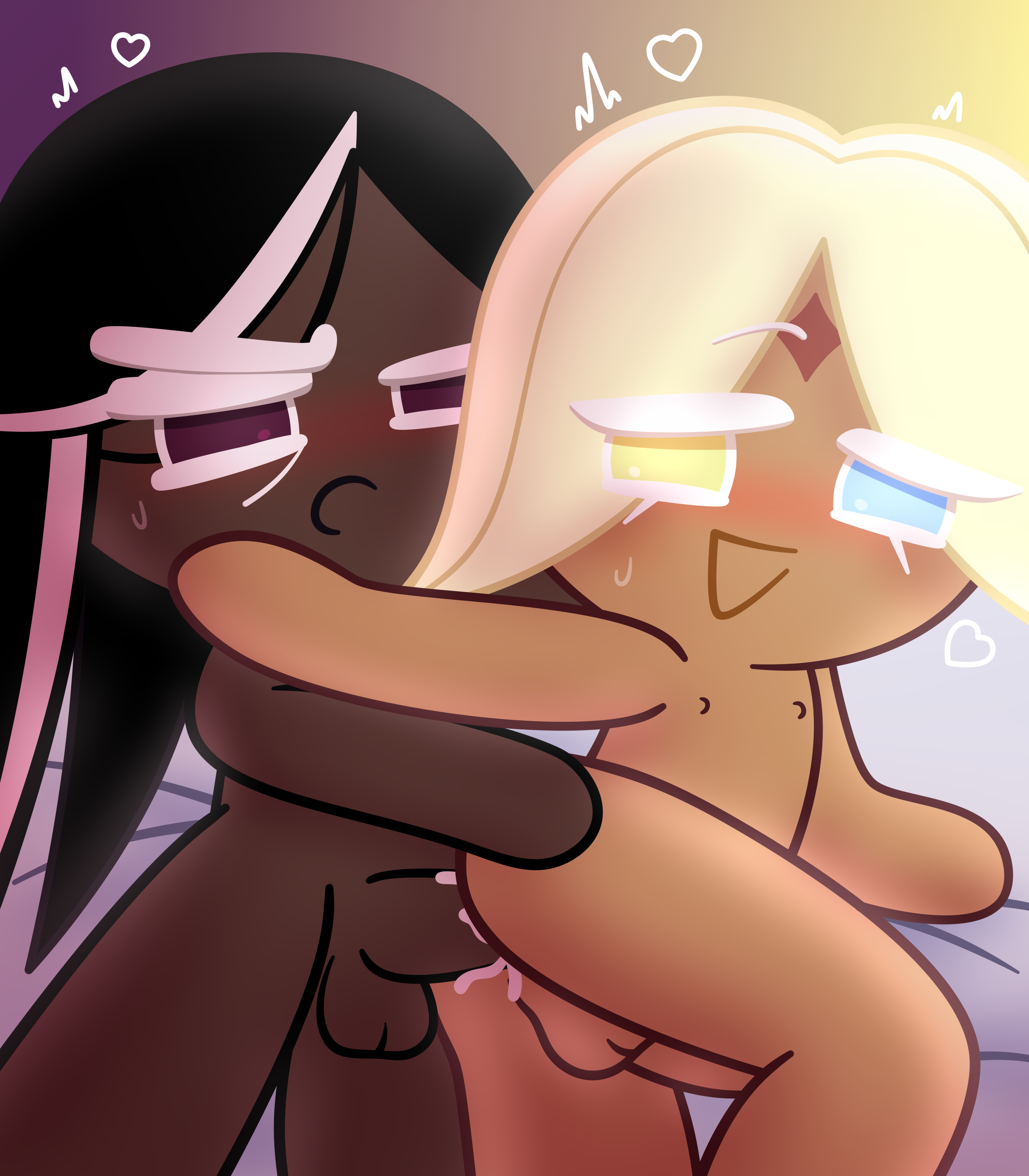 2boys, ass, cookie run, cum in ass, cute, dark cacao cookie, dark skin, gay sex, happy, hearts around head, heterochromia, male, multicolored eyes, pure vanilla cookie, purple eyes, smiling
