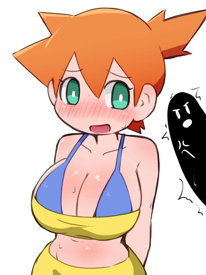 adapted_costume asymmetrical_hair bare_legs bikini blush breasts chibi_style cleavage covered_erect_nipples cowboy_shot creatures_(company) crop_top female game_freak green_eyes gym_leader highres huge_breasts kasumi_(pokemon) large_breasts legs looking_at_viewer makino_nono miyazero nintendo orange_hair pokemon pokemon_(anime) pokemon_(classic_anime) ponytail short_hair side_ponytail simple_background smile solo upper_body