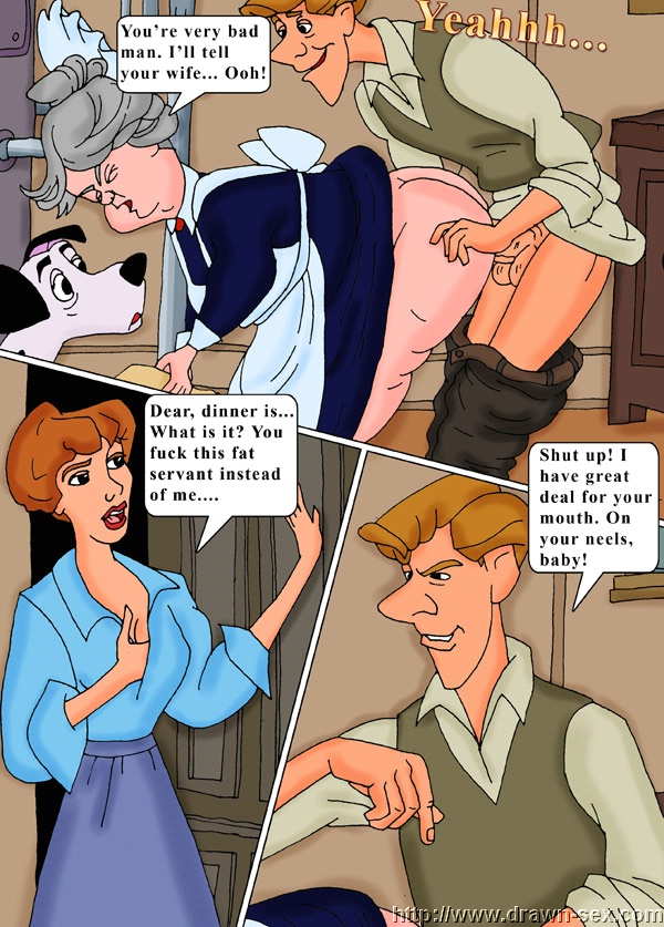 101_dalmatians anita_radcliffe breast_rub breasts cleavage comic disney dog drawn-sex.com dress english english_text female from_behind from_behind_position male nanny_(101_dalmatians) penis pongo roger_radcliffe speech_bubble text