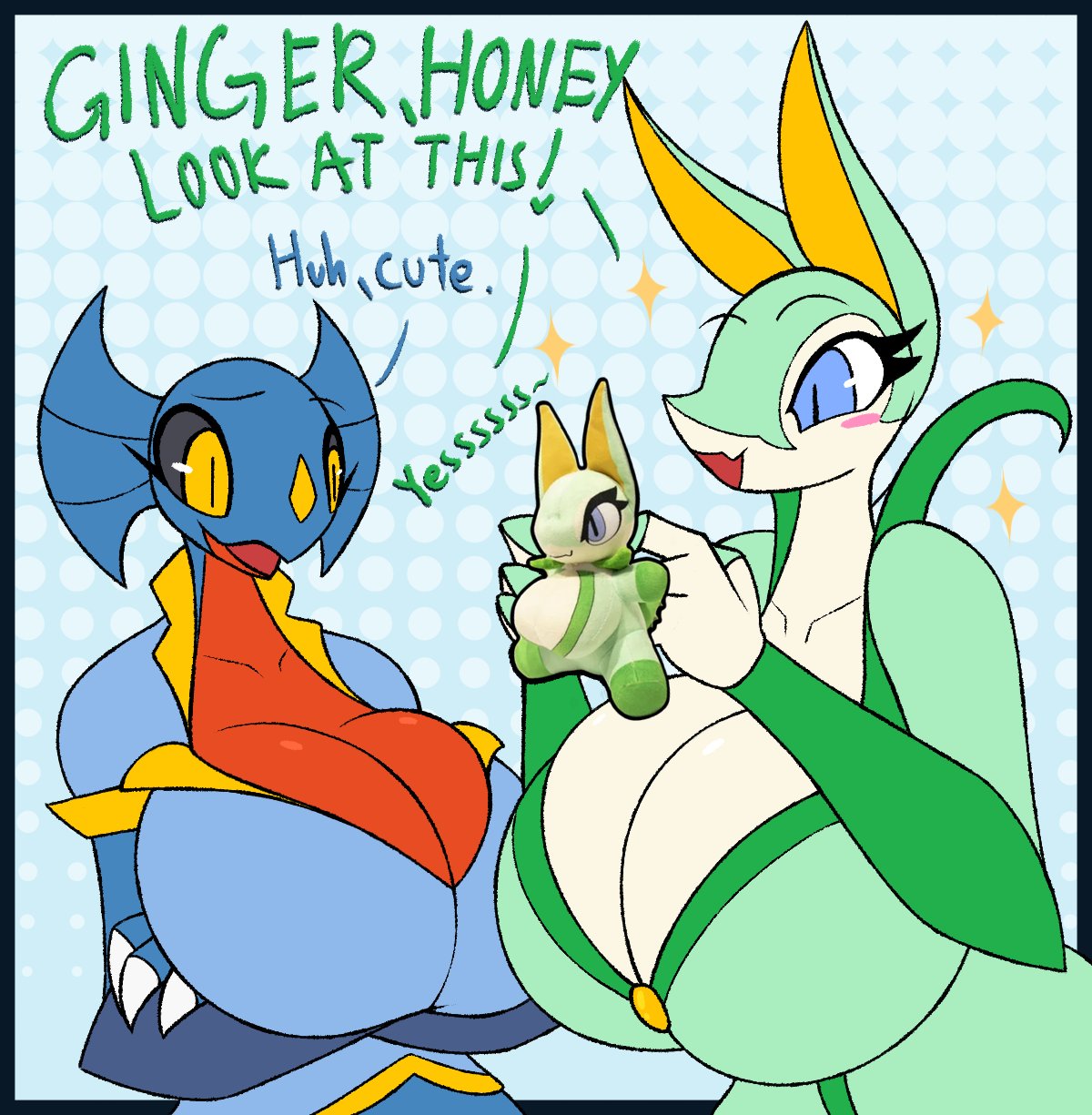 2023 big_breasts breasts cleavage female female_focus female_only female_pokemon garchomp ginger_(r-mk) huge_breasts june_greenfield nintendo original original_character original_characters plushie pokémon_(species) pokemon pokemon_(species) r-mk serperior