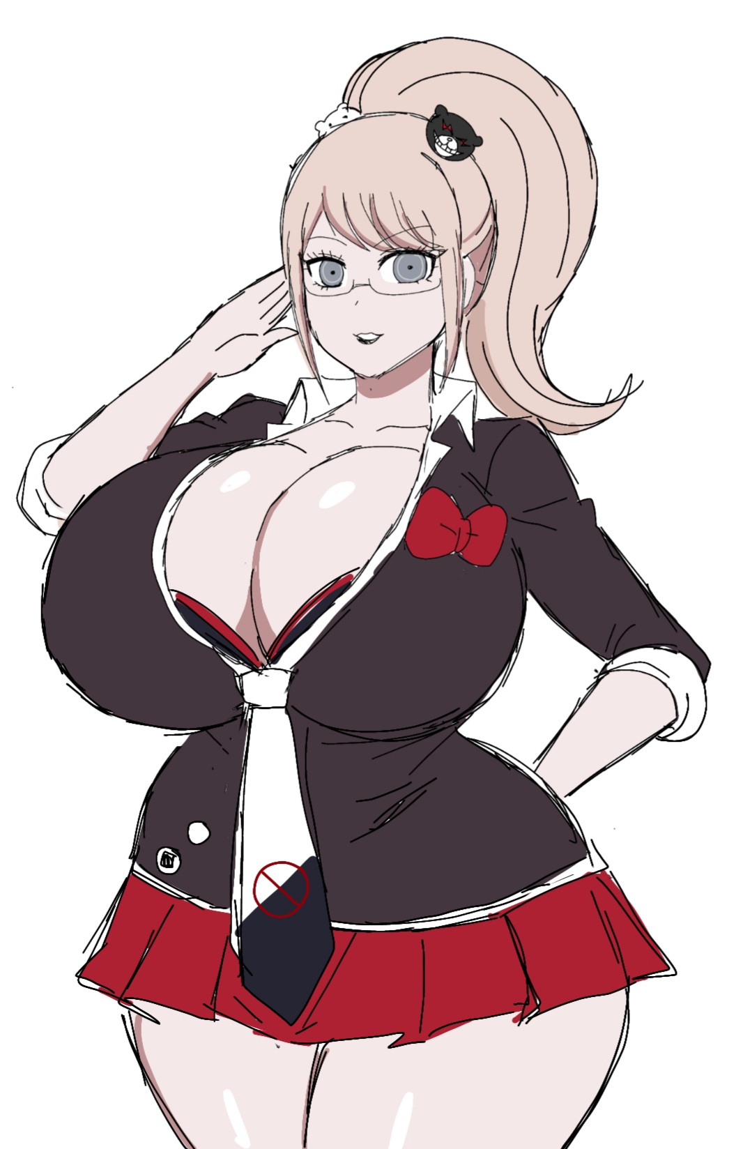 alternate breast size, big breasts, breasts, cleavage, danganronpa, female, female only, glasses, hair ornament, huge breasts, junko enoshima, large breasts, momiji (artist), necktie, school uniform, short skirt, straight hair, thick thighs