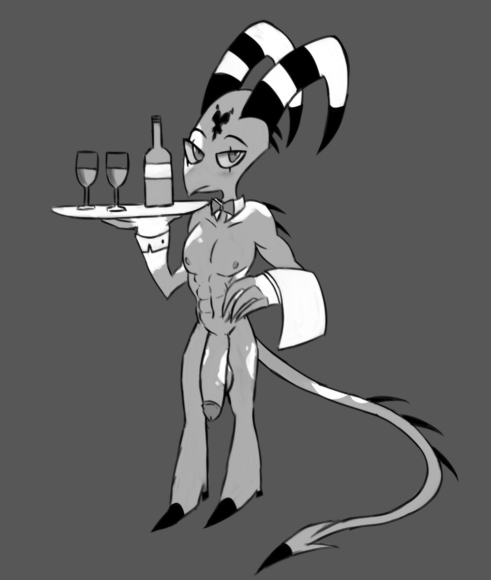 abs alcohol balls beverage big_penis blitzo_(helluva_boss) blush bow_tie butler cloth collar container cuffs_(clothing) cup demon drinking_glass genitals glass glass_container glass_cup hanging_penis helluva_boss humanoid imp male monochrome muscular muscular_male penis servant serving_tray shirt_collar shirt_cuffs solo spec_almond_(artist) spikes wine wine_bottle wine_glass