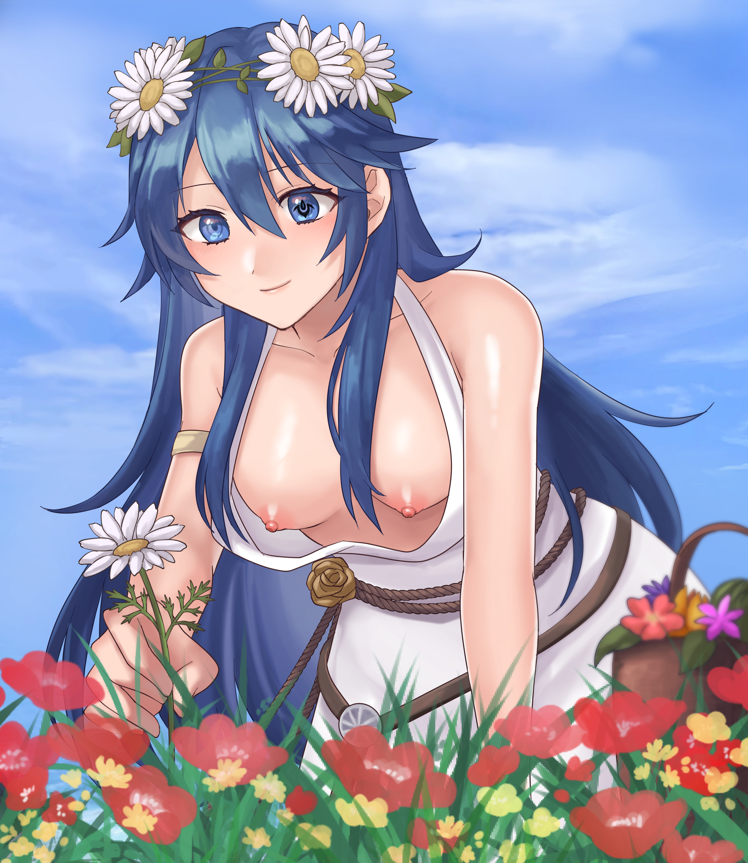 1girls, absurdres, accidental exposure, alternate costume, armlet, bare shoulders, birthmark, blue eyes, blue hair, breasts, breasts out, collarbone, commission, day, dress, female, female only, fire emblem, fire emblem awakening, fire emblem heroes, flower, flower field, hair between eyes, hair flower, hair ornament, hazuki (nyorosuke), head wreath, highres, holding, holding flower, long hair, looking down, loose clothes, lucina (fire emblem), nintendo, nipples, official alternate costume, outdoors, skeb commission, sky, sleeveless, sleeveless dress, small breasts, smile, solo, symbol in eye, symbol-shaped pupils, unaware, wardrobe malfunction, white dress