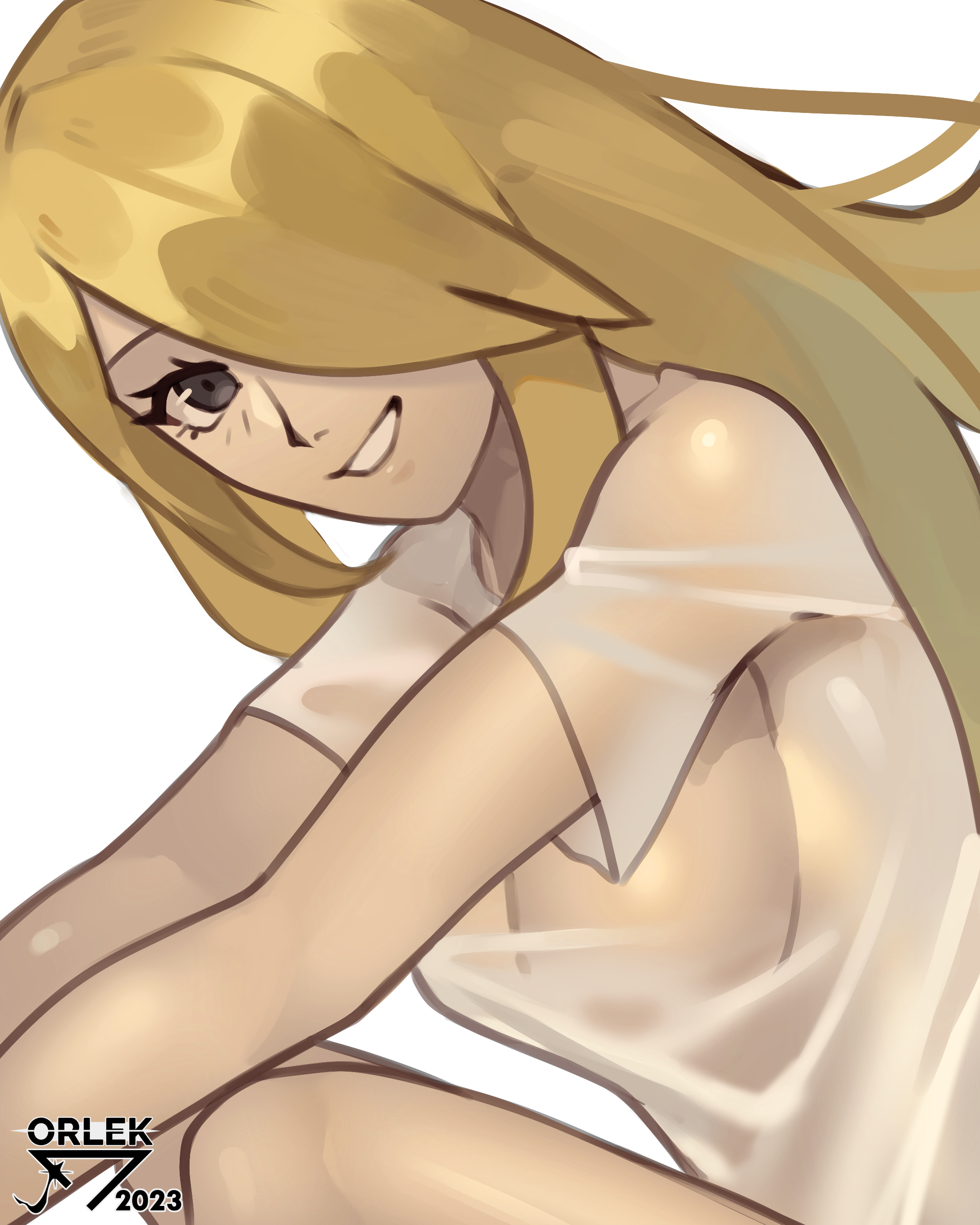 blonde hair, breasts, cynthia (pokemon), female, female only, game freak, hair over one eye, nintendo, orlek, pokemon, see-through clothing, smile, solo, transparent clothing