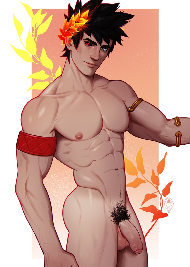 1boy armlet ass bara black_hair black_sclera closed_mouth colored_sclera foxbravo green_eyes hades_(game) heterochromia large_pectorals laurel_crown male_focus male_only male_pubic_hair muscular muscular_male nude pectorals penis pubic_hair red_eyes short_hair solo testicles zagreus