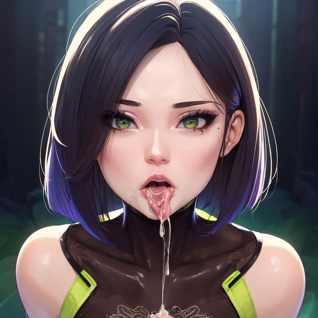 after_oral after_sex ai_generated black_hair cum cum_drip cum_in_mouth fluffy_mammoth green_eyes medium_hair tagme tongue_out valorant viper_(valorant)