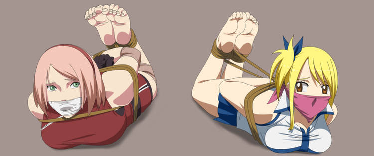 2girls, blonde hair, blonde-haired female, bondage, brown eyes, cloth gag, crossover, fairy tail, feet, female, female only, foot fetish, gag, green eyes, hogtie, lucy heartfilia, multiple females, multiple girls, naruto, naruto (series), naruto shippuden, pink hair, pink-haired female, rope bondage, sakura haruno, tape gag, worried expression