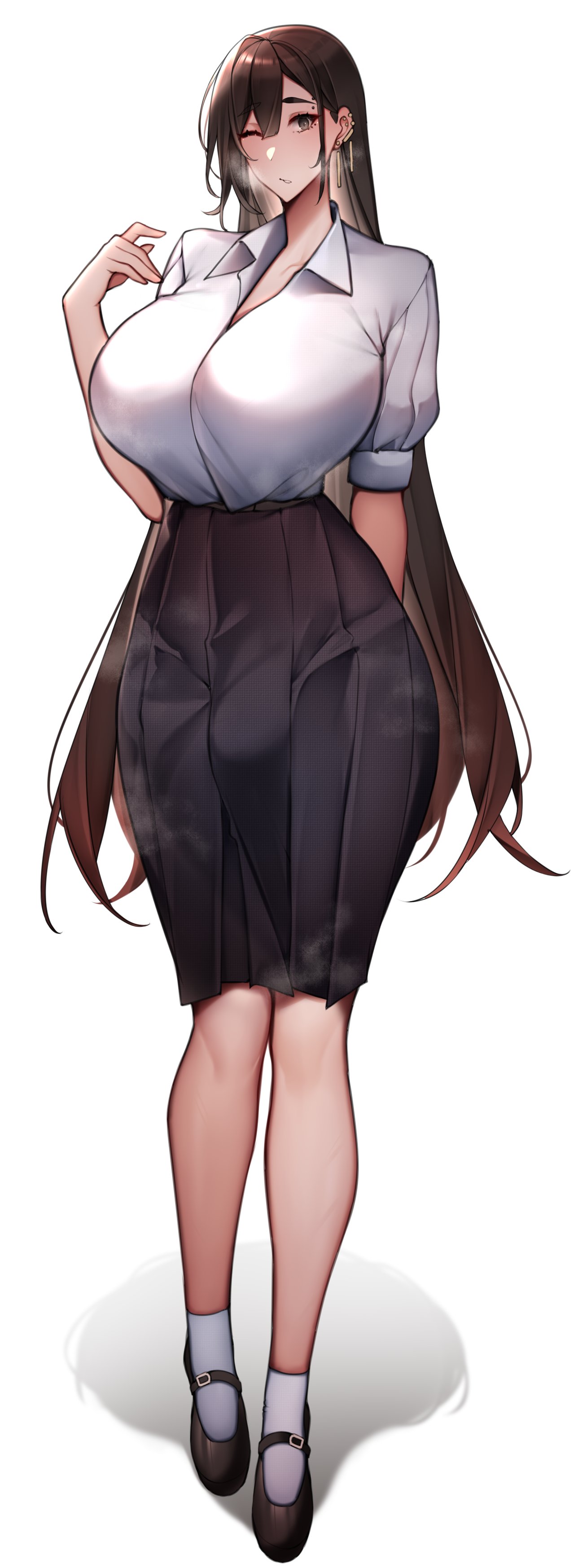 1futa, breasts, brown hair, bulge, clothed, clothing, erection, fully clothed, futa only, futanari, hi res, huge breasts, huge cock, human, intersex, kemonomimi, light skin, light-skinned futa, long hair, long legs, niwada (unbeller), original, original character, penis, simple background, skirt, solo, standing, thick thighs, unbeller, very long hair