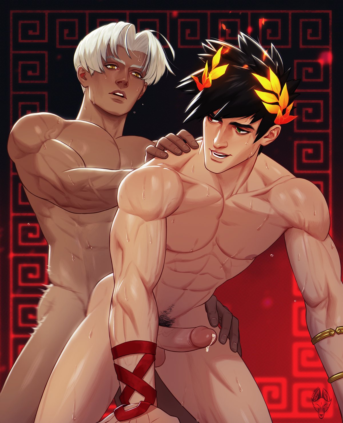 2boys abs anal_sex bara black_hair black_hair_bottom canon_couple completely_nude dark-skinned_male dark_skin domination erection foxbravo gay green_eyes grey_hair hades_(game) heterochromia highres large_pectorals light_hair_on_dark_hair looking_at_another male_focus male_only male_pubic_hair multiple_boys muscular muscular_male navel nipples nude nude_male pectorals penis pubic_hair red_eyes sex sex_from_behind short_hair smile testicles thanatos_(hades) white_hair white_hair_on_black_hair white_hair_top yaoi zagreus