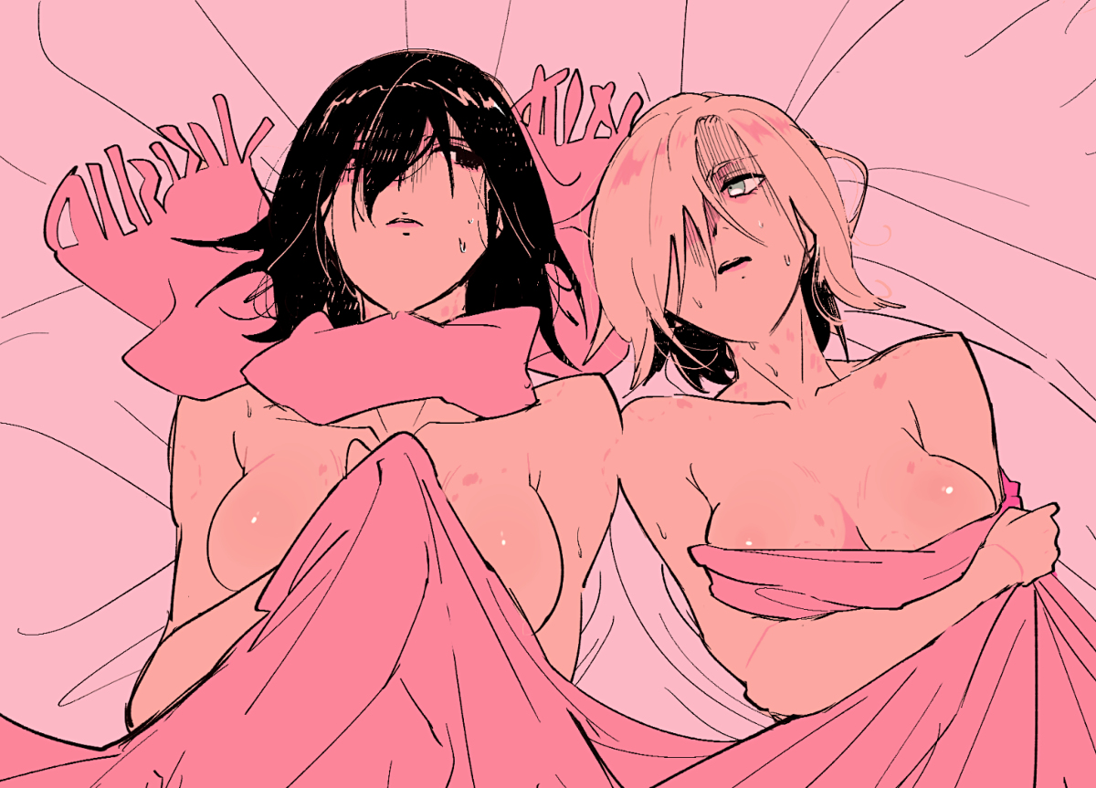 2girls, after sex, annie leonhardt, asian, asian female, attack on titan, black hair, black-haired female, blonde female, blonde hair, blonde-haired female, breasts, cleavage, dark hair, female, female only, female/female, human, human only, in bed, lesbian, lesbians, mikannie, mikasa ackerman, multiple females, multiple girls, navel, nude, nude female, nudity, phenomena, phone, rivals, scarf, shingeki no kyojin, tagme, topless, yuri