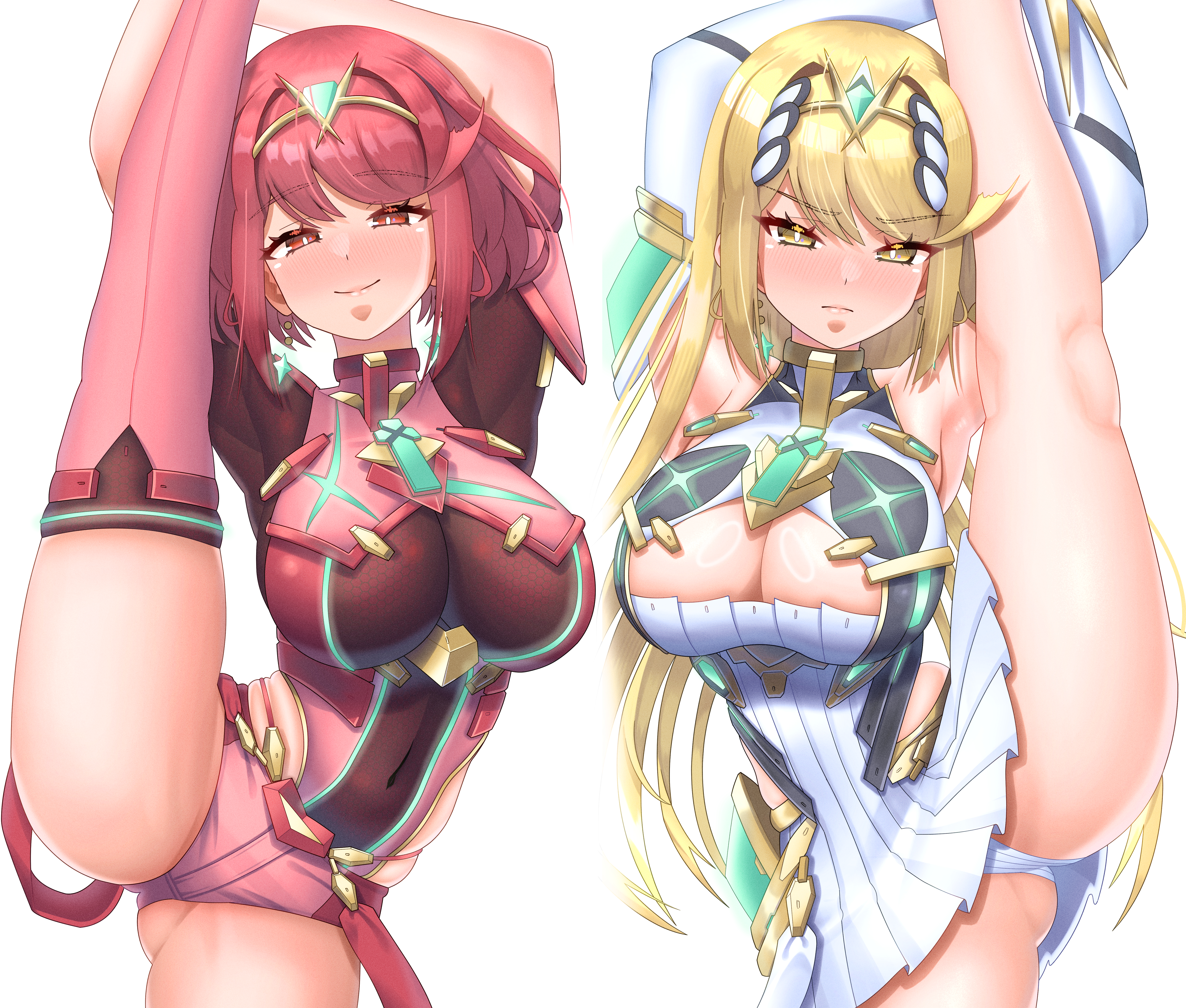 2girls, absurdres, arm guards, armor, armpits, ass, bare shoulders, black gloves, blonde hair, blush, bob cut, breasts, chest jewel, cleavage, cleavage cutout, clothing cutout, commentary request, core crystal (xenoblade), covered navel, dress, earrings, elbow gloves, female, female only, fingerless gloves, floating earrings, gloves, half-closed eyes, highres, impossible clothes, jewelry, large breasts, leg up, long hair, meipasuye, micro shorts, microdress, multiple females, multiple girls, mythra, mythra (xenoblade), neon trim, panties, pantyshot, pyra, pyra (xenoblade), red eyes, red hair, red shorts, short hair, short shorts, short sleeves, shorts, shoulder armor, smile, split, standing, standing on one leg, standing split, suspenders, swept bangs, thighhighs, tiara, underwear, very long hair, white dress, white gloves, white panties, xenoblade (series), xenoblade chronicles (series), xenoblade chronicles 2, yellow eyes