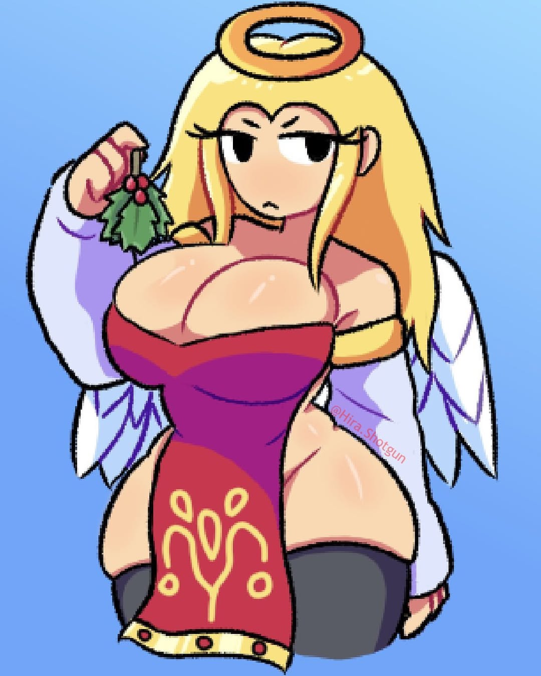 2d, 2d (artwork), 2d artwork, angel, angel wings, angelic, artist name, big breasts, black eyes, blonde female, blonde hair, blonde-haired female, breasts, breasts bigger than head, cleavage, curvaceous, curvy, curvy body, curvy female, curvy figure, deep cleavage, female, halo, hira.shotgun, holding, holding mistletoe, holding object, holding plant, huge breasts, light skin, light-skinned female, mistletoe, original character, revealing, revealing clothing, revealing outfit, squishy thighs, stockings, thick, thick hips, thick thighs, thighhighs, twitter username, unique style, voluptuous, voluptuous female