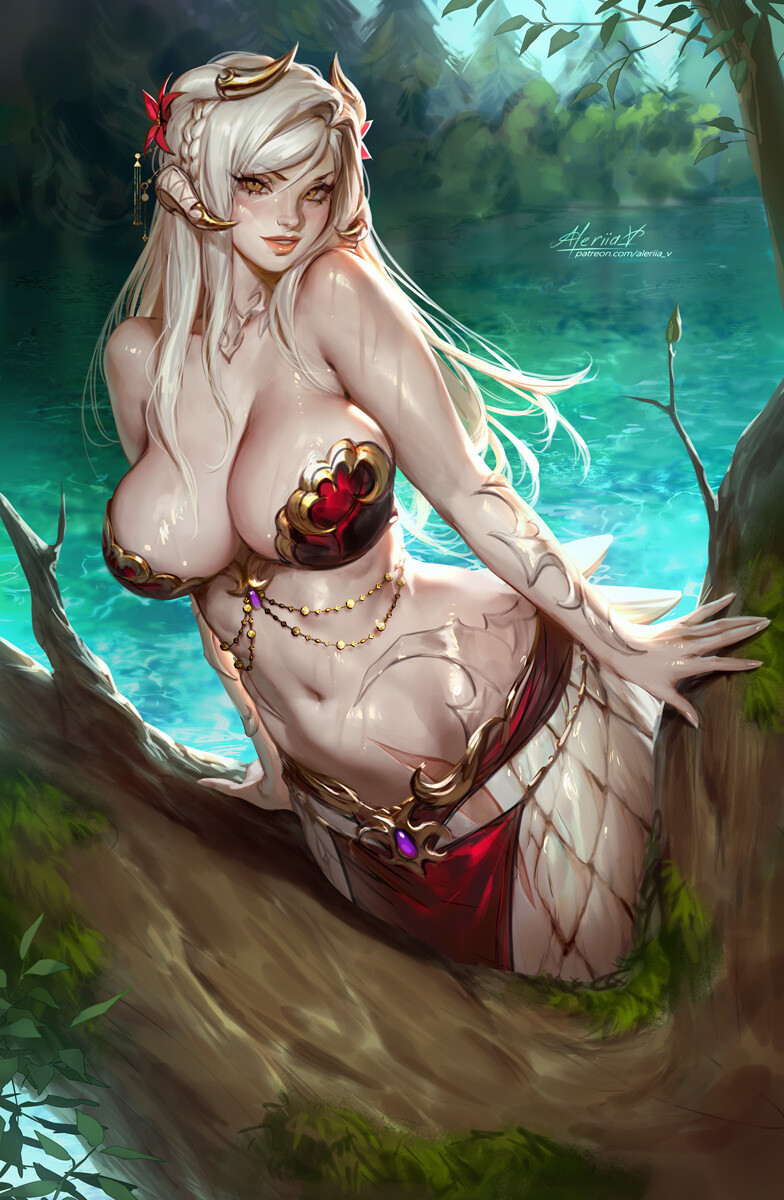aleriia v, breasts, cleavage, female, horns, lerapi, looking at viewer, original character, white snake