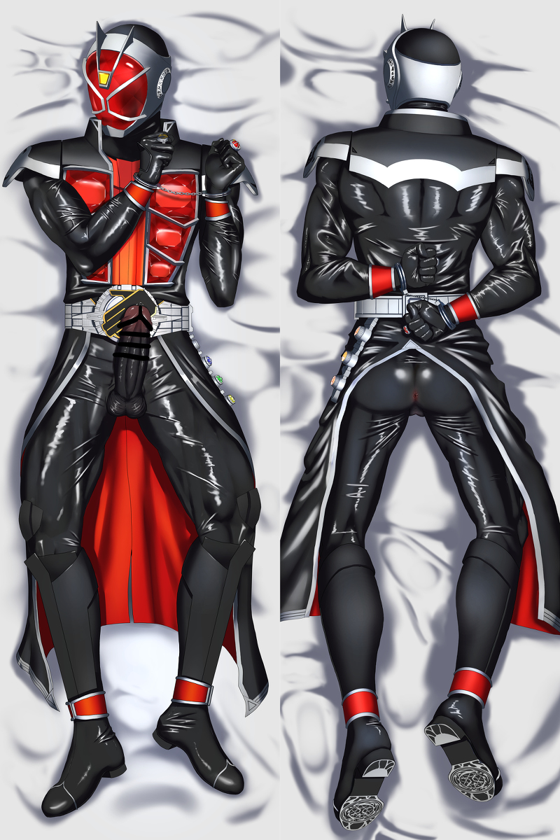 1boy armor armored_male arms_behind_back ass ass_focus asshole asshole_visible_through_clothes balls balls_visible_through_clothing bedding bedding_background belt bodysuit cape censor_bar censored censored_penis cloak cuffs dakimakura dakimakura_design ekrsa erect_penis erection facing_away handcuffed handcuffs hands_behind_back helmet hi_res kamen_rider kamen_rider_wizard kamen_rider_wizard_(series) looking_away lying lying_down male male_focus male_only mask masked masked_male on_back on_front on_stomach penis penis_out precum precum_drip red_armor ring rings solo