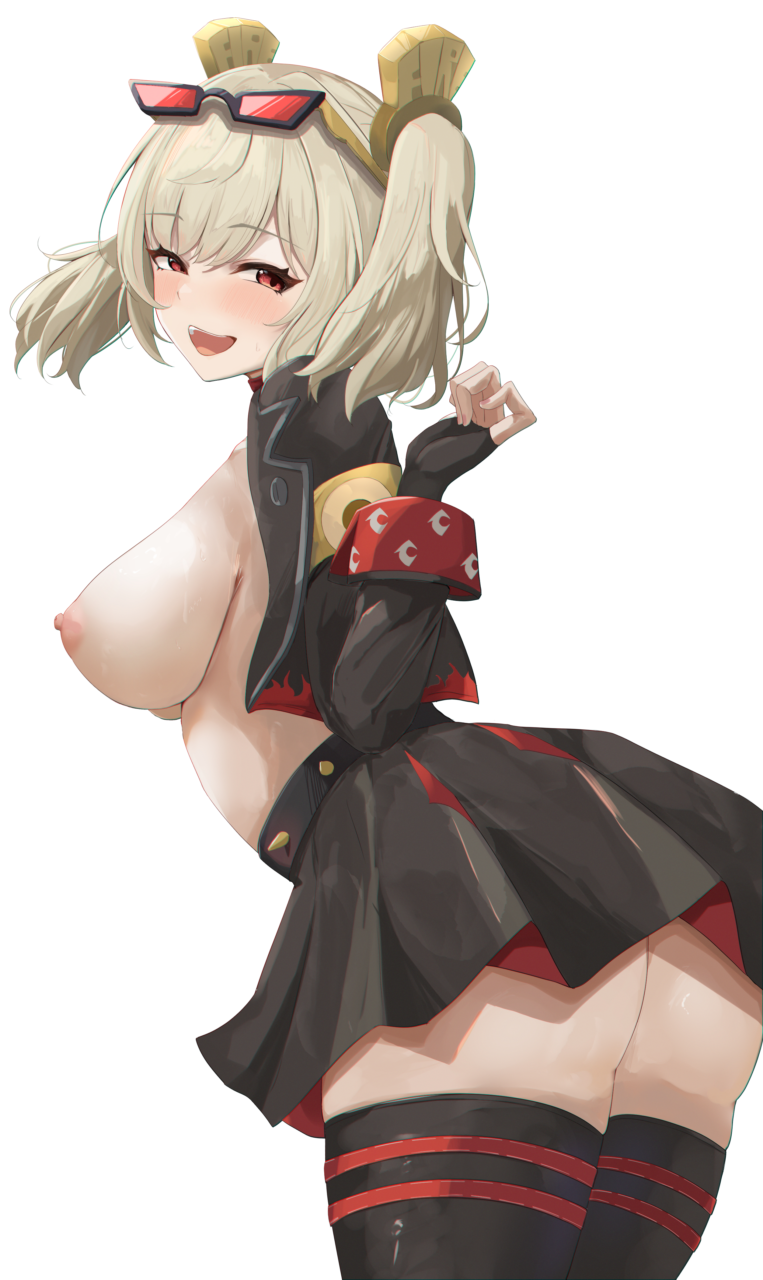 1girls, absurdres, black jacket, black skirt, black thighhighs, blonde hair, breasts, burnice white, commentary, eyewear on head, female, from side, hair ornament, highres, jacket, large breasts, looking at viewer, nipples, red eyes, short hair, simple background, skirt, solo, sunglasses, tei kaku, thighhighs, thighs, twintails, white background, zenless zone zero
