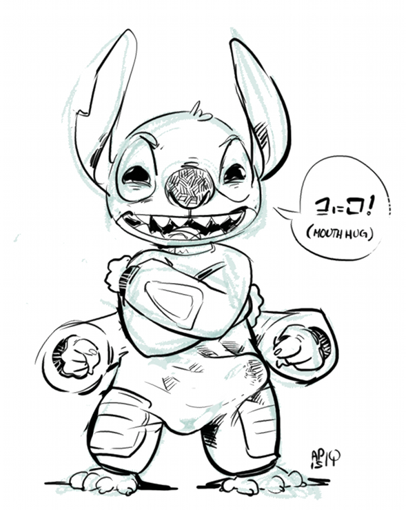 1boy alien anthro apis crossed_arms dialogue disney english_text experiment_(species) front_view lilo_and_stitch looking_at_viewer male male_only monochrome multi_arm multi_limb open_mouth pointing pointing_at_viewer rough_sketch signature sketch solo spacesuit speech_bubble standing stitch tenting text