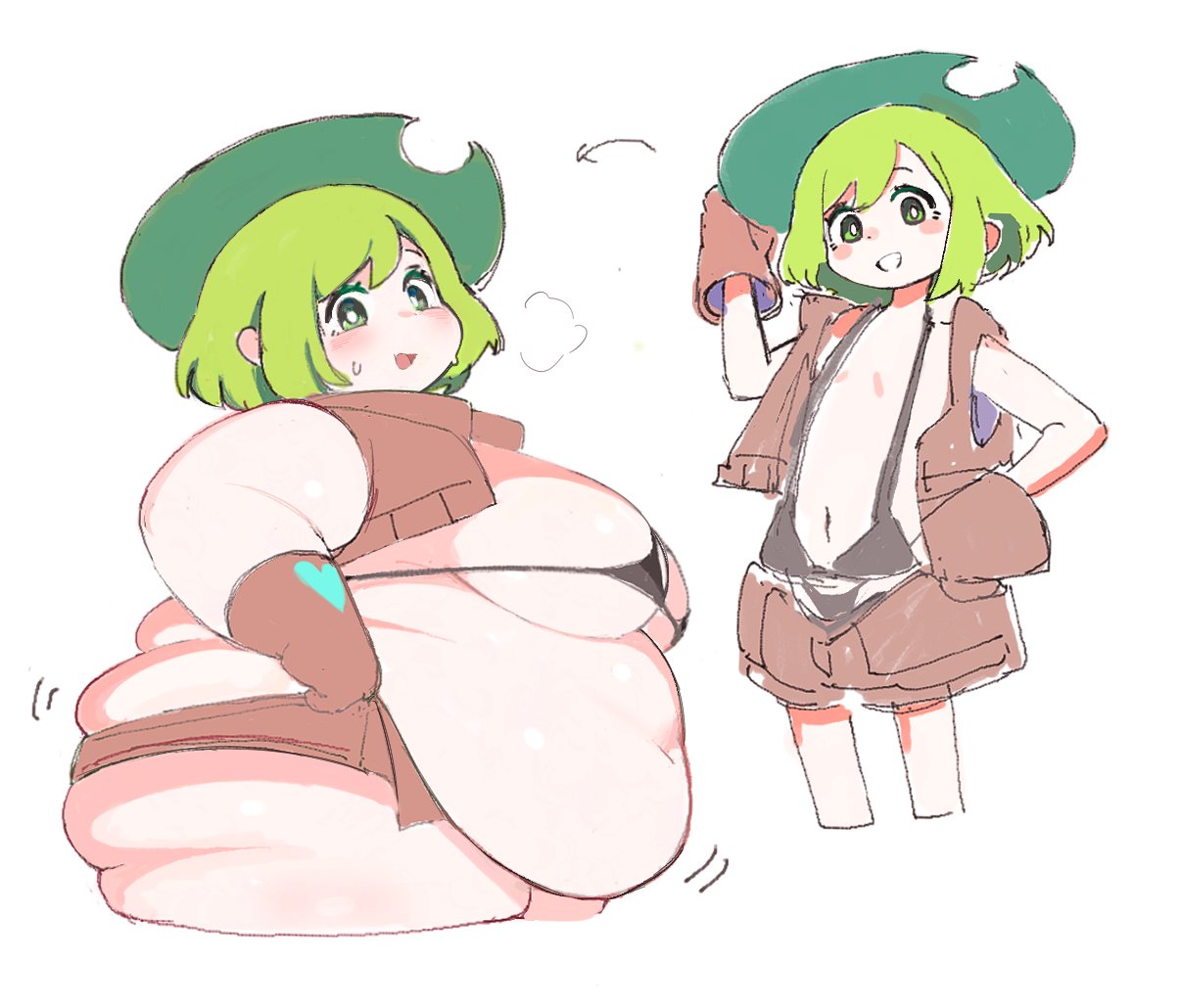 1girls, b45ui, before and after, belly, belly overhang, bikini, breast expansion, breast growth, breast growth (enlargement), breasts, caloreload, cowboy hat, fat, female, female focus, female only, gloves, green eyes, green hair, hat, hips, large breasts, obese, overweight, overweight female, short shorts, shorts, skinny, skinny female, slim to fat, stomach, thick thighs, thighs, vest, weight gain, wide hips