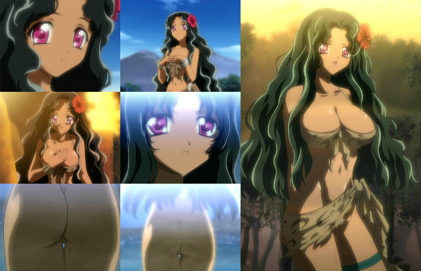 1girls ass big_breasts black_hair breasts cavegirl compilation dark-skinned_female dark_skin female_focus female_only flower_in_hair fur_bikini fur_bra loincloth long_hair messy_hair multiple_images official_art purple_eyes quile quill screencap screenshot solo solo_female solo_focus stitched tan-skinned_female wavy_hair yami_to_boushi_to_hon_no_tabibito