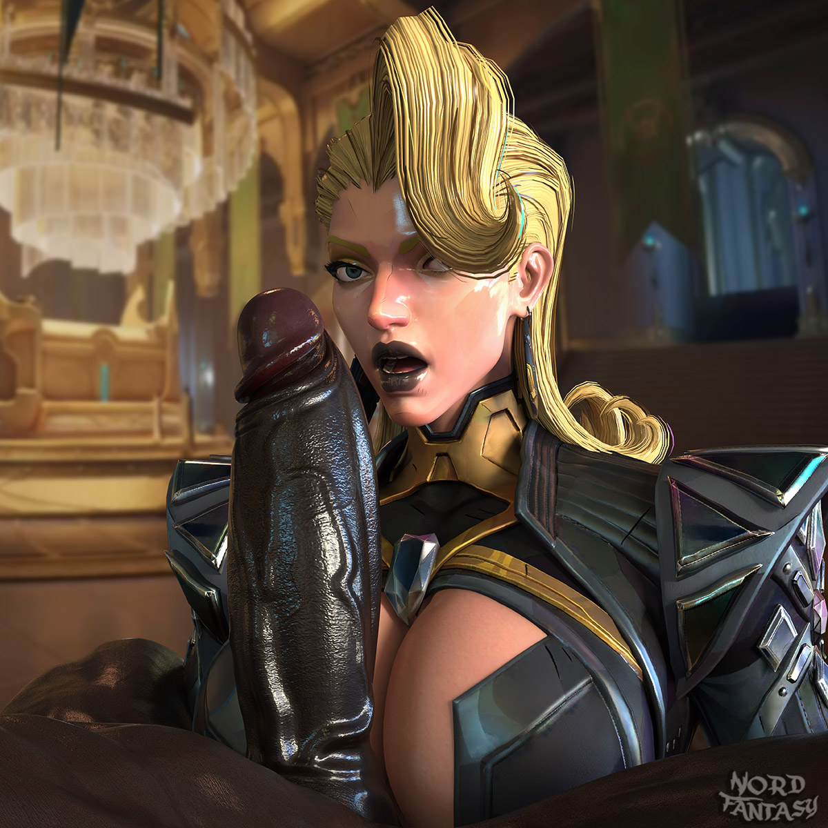 1boy, 1girls, 3d, black lipstick, blonde female, blonde hair, blue eyes, breasts, busty, caucasian, caucasian female, dark skin, dark-skinned male, emma frost, emma frost (marvel rivals), emma frost (x-revolution), female, imminent oral, interracial, large breasts, light skin, light-skinned female, long hair, makeup, male, marvel, marvel comics, marvel rivals, nordfantasy, tagme, x-men