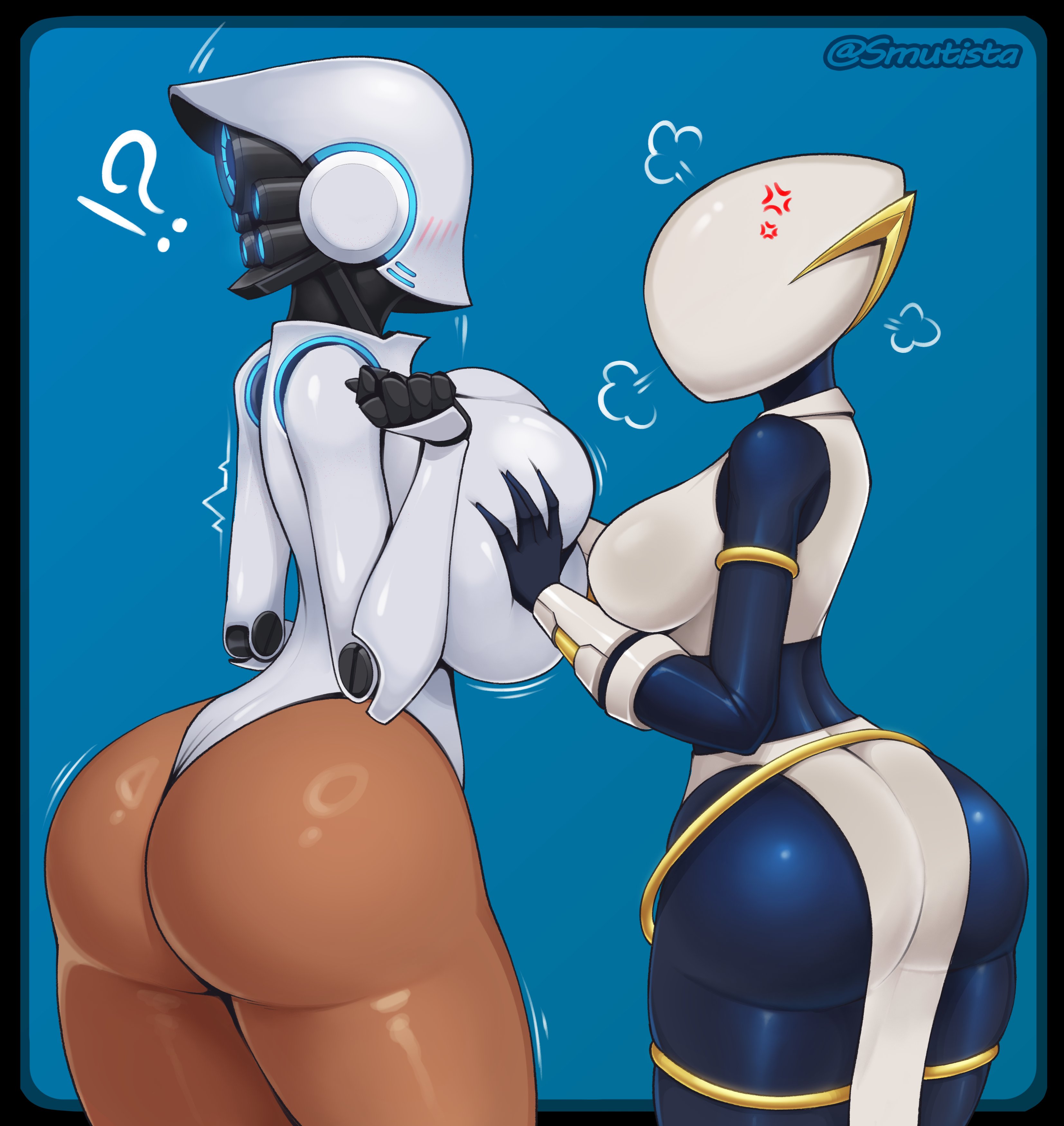 ?!, 2girls, android, anger vein, angry, angry expression, annoyed, artificer (risk of rain), ass, big ass, big breasts, blush, breast envy, breasts, clothing, female, female only, hands on breasts, haydee, haydee (game), huge ass, huge breasts, large breasts, leotard, motion lines, pelvic curtain, risk of rain, risk of rain 2, robot, robot girl, robot humanoid, smutista, white leotard