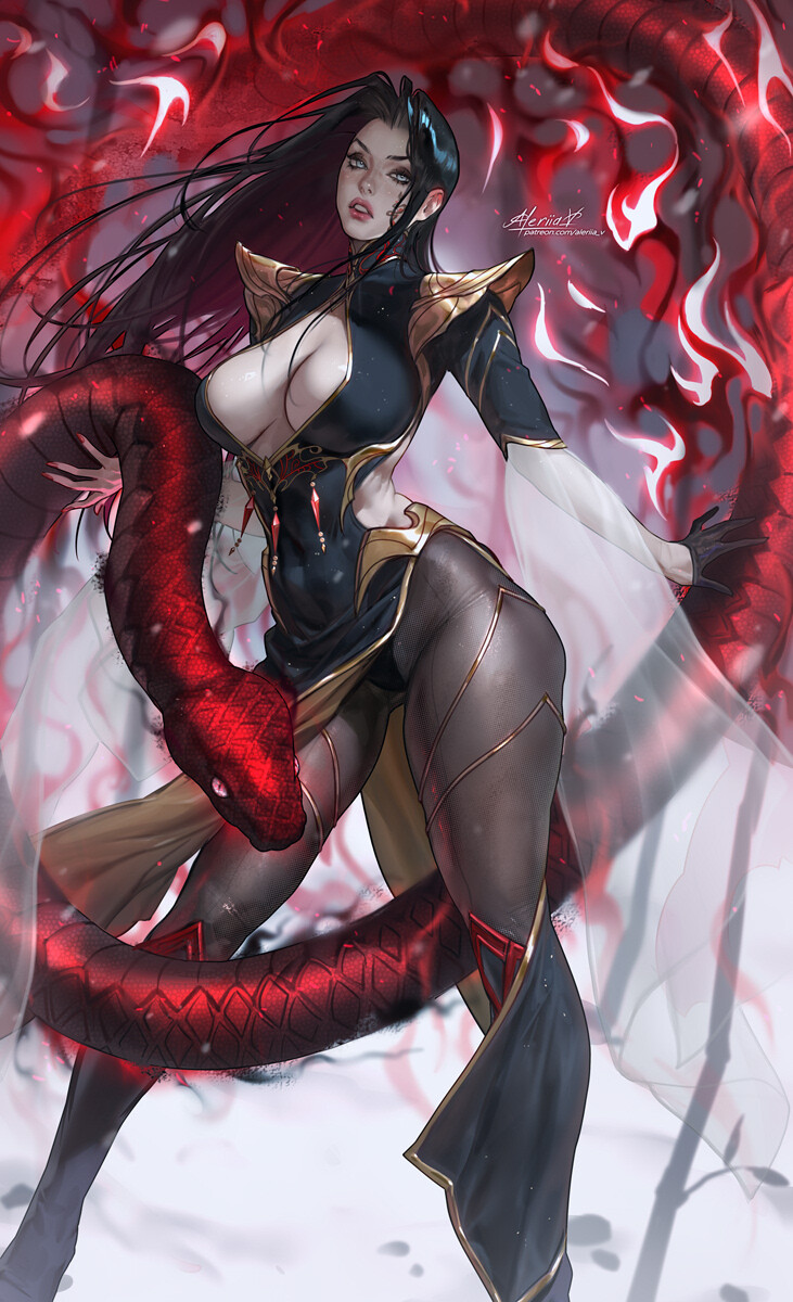 big breasts, black hair, breasts, female, lerapi, long legs, looking at viewer, original character, revealing clothes, snake