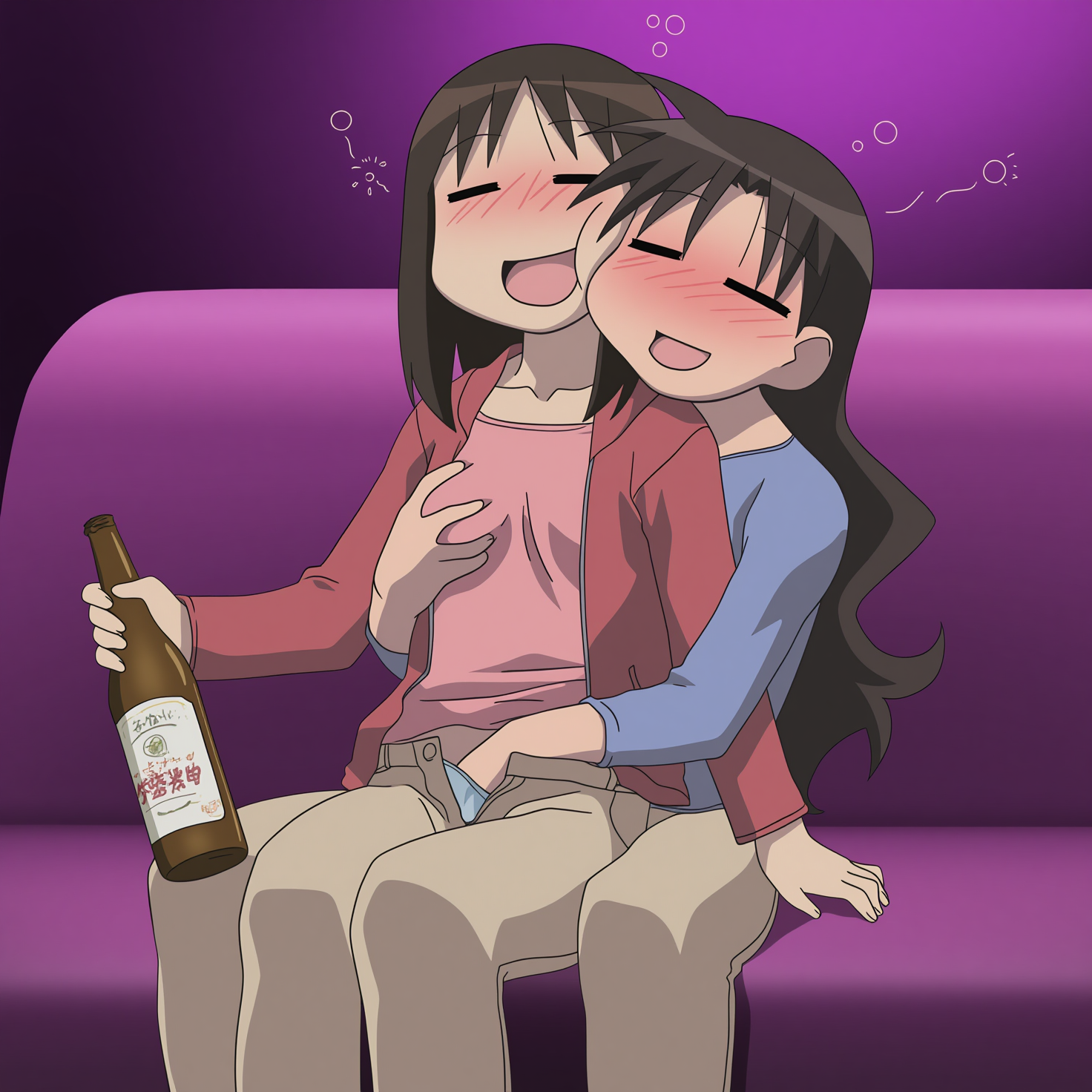 :d, aged up, ai generated, aizumanga, alcoholic drink, azumanga daiou, blush, breasts, closed eyes, drunk, drunk bubble, drunk female, female, fingering, fingering partner, foreplay, grabbing another's breast, groping, groping from behind, hand in another's panties, hand in panties, imminent sex, molestation, nightclub, open mouth, osaka ayumu kasuga, sitting, yukari tanizaki, yuri