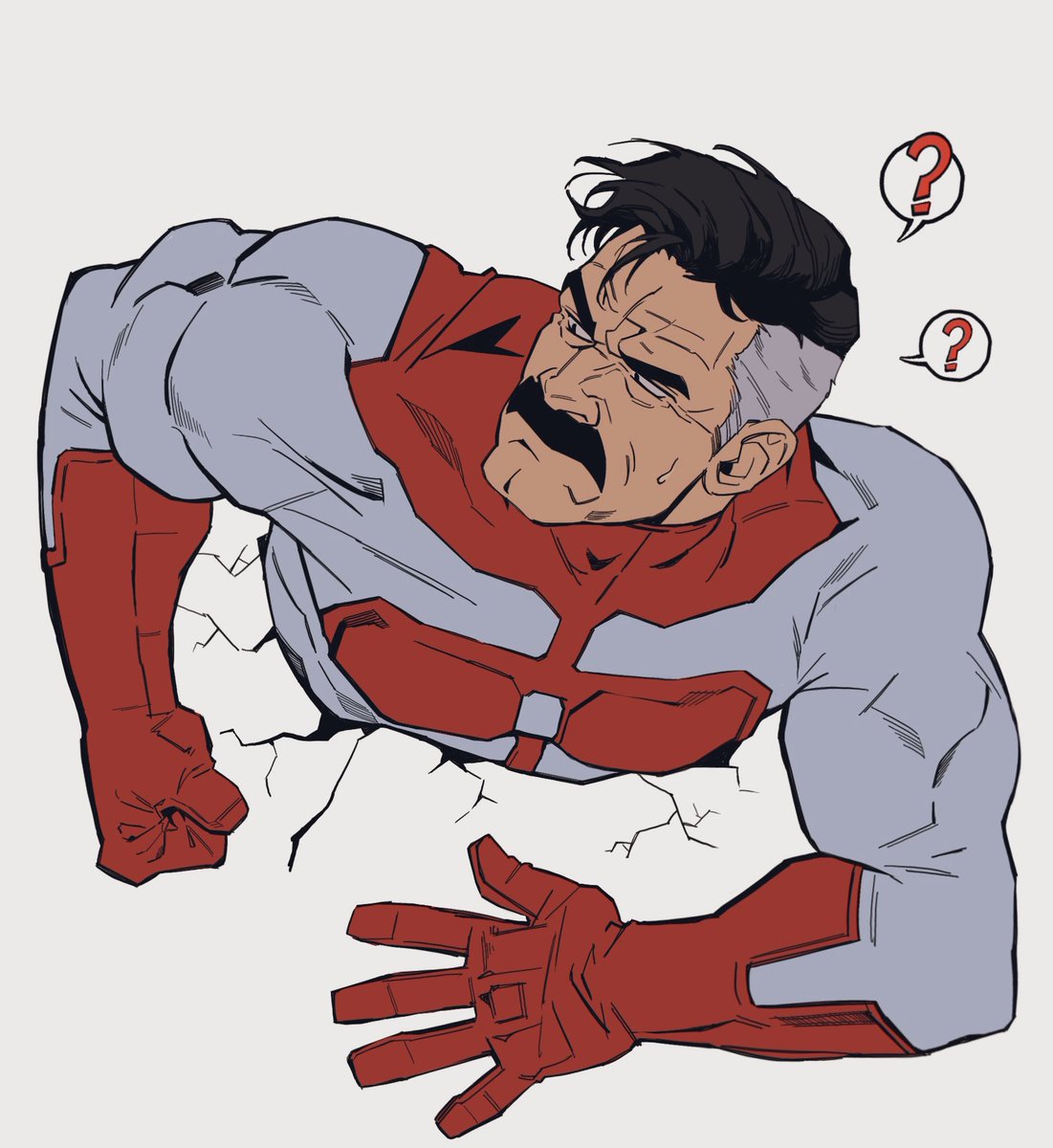 bara, bonjourdraws, daddy, dilf, invincible, male, male only, moustache, nolan grayson, omni-man, solo, solo focus, solo male, stuck, stuck in wall, yaoi