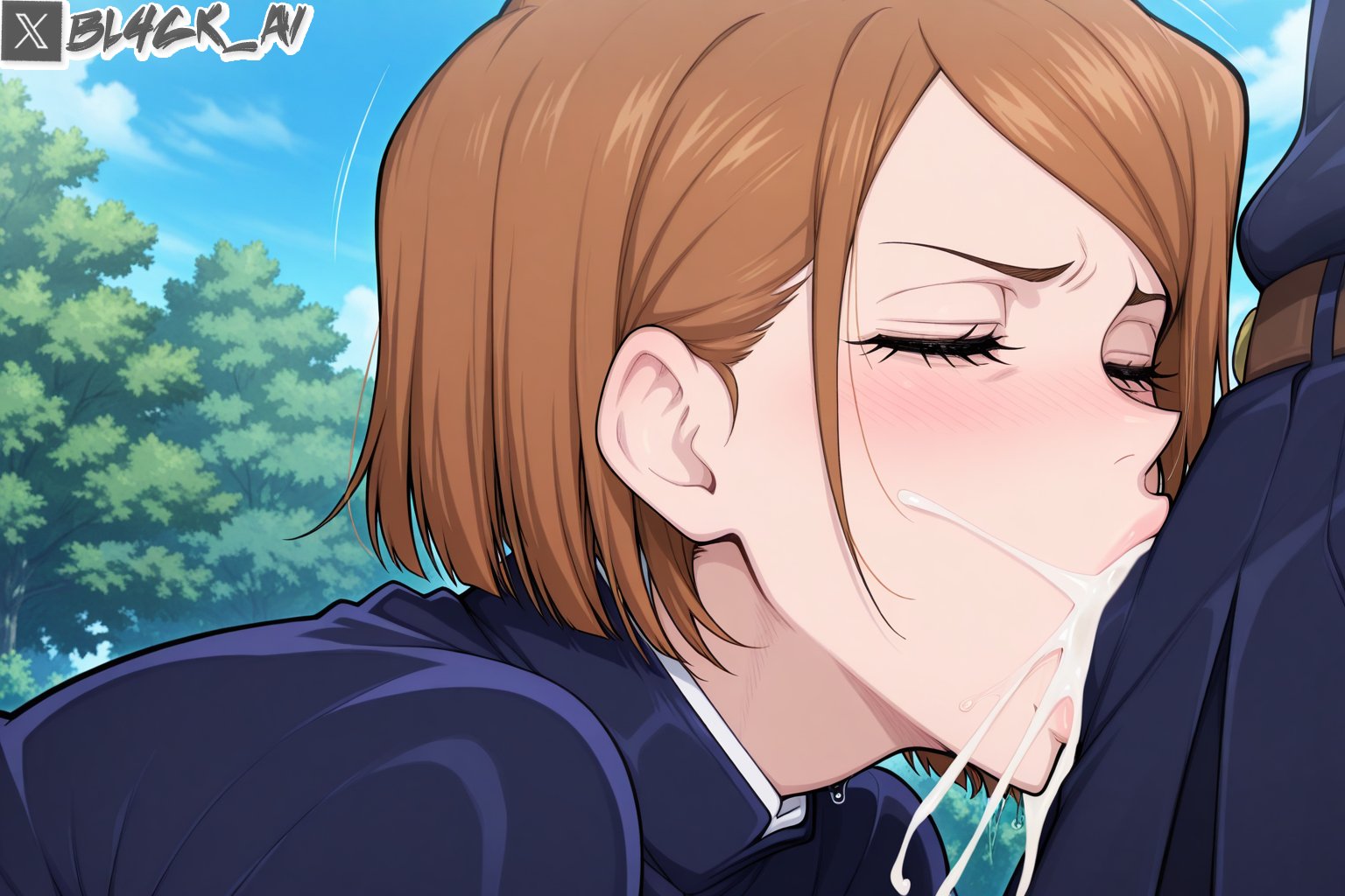1boy, 1girls, ai generated, background, balls, balls deep, balls deep fellatio, bl4ck ai, blush, blushing, brown hair, closed eyes, cum, cum drip, cum in mouth, cum on face, deepthroat, fellatio, female, from side, jujutsu kaisen, kugisaki nobara, male, nobara kugisaki, oral sex, sloppy, thin eyebrows