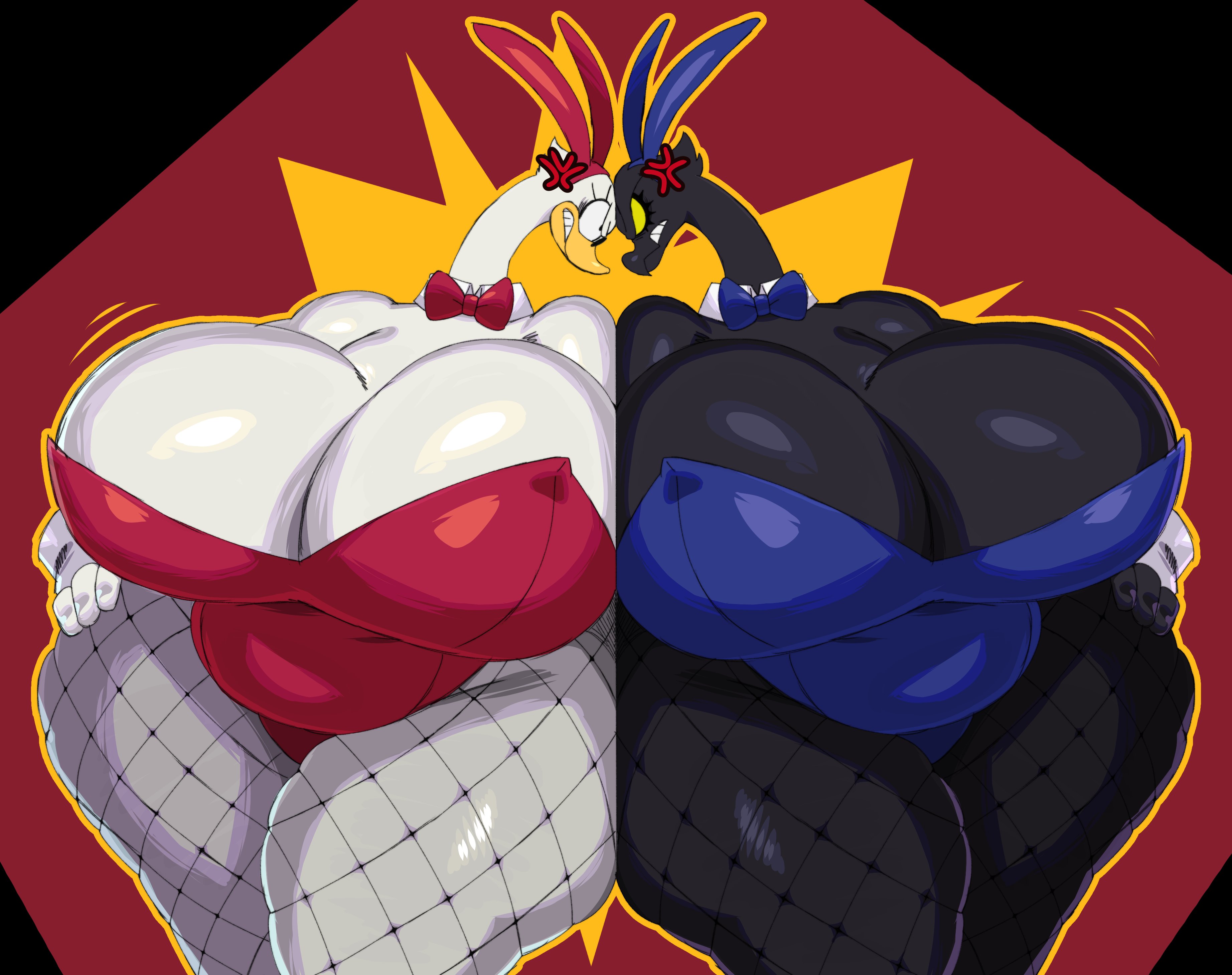 2girls, absurd res, anatid, anseriform, anserinae, anthro, anthrofied, avian, bbw, big breasts, bird, black body, black fur, black hair, bowtie, breasts, breasts bigger than head, bunny girl, bunnysuit, busty, chubby, chubby female, clothed, clothing, curvaceous, curvy, curvy female, digital media (artwork), duo, eyebrows, eyelashes, female, female focus, female only, fondue (sssonic2), fur, furry, glistening, glistening body, hi res, hourglass figure, huge breasts, looking at another, mammal, motion lines, overweight, overweight anthro, overweight female, raclette (sssonic2), sssonic2, swan, thick thighs, twitter link, voluptuous, voluptuous female, white body, white eyes, white fur, wide hips, yellow eyes