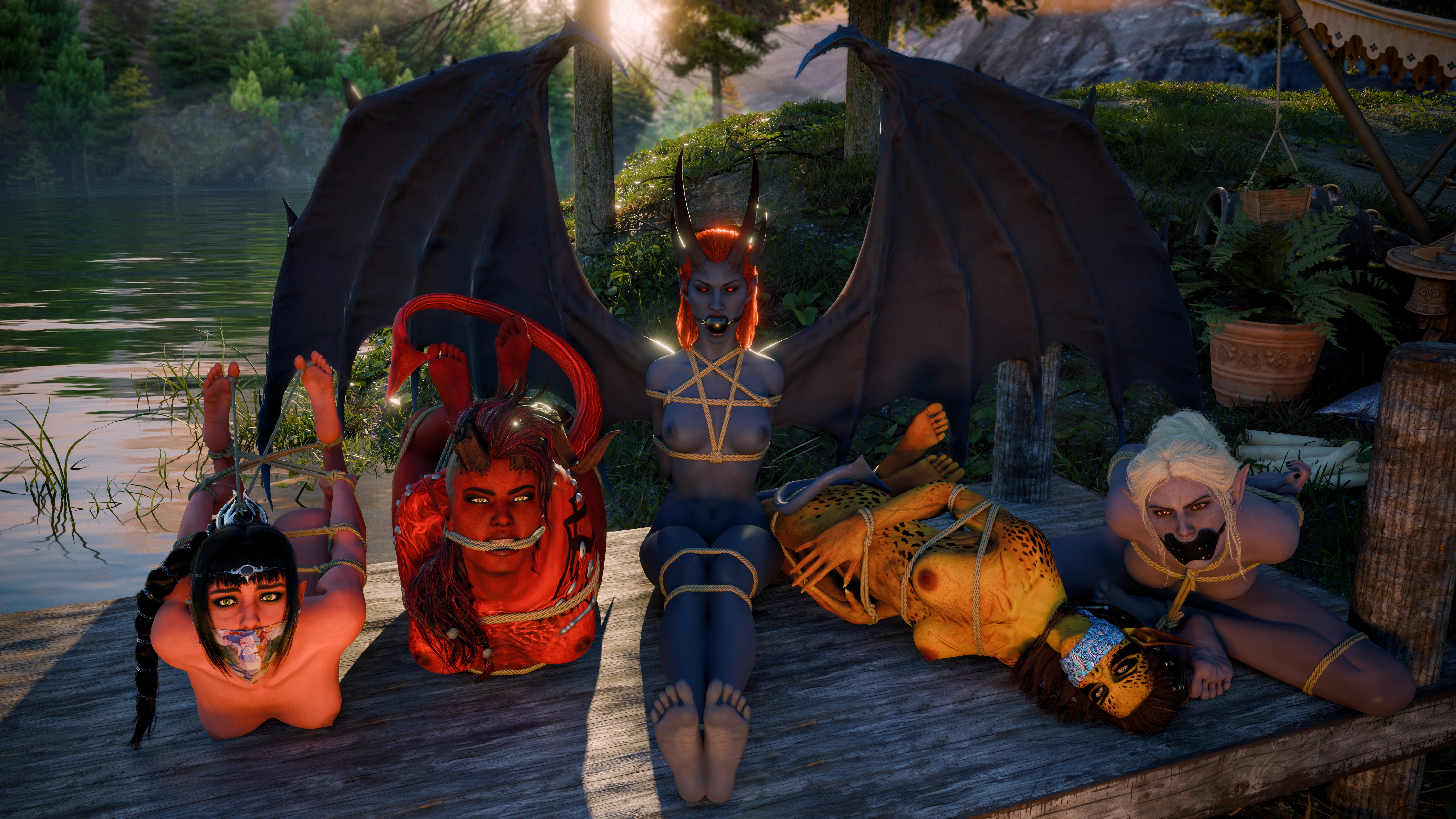 3d, 5girls, baldur's gate, baldur's gate 3, barefoot, bondage, captured, demon girl, demon horns, devil, drow, elf, female, female only, gag, gagged, green eyes, karlach, lae'zel, minthara, mizora, multiple females, multiple girls, multiple subs, otm gag, panel gag, pejack, pointy ears, red eyes, rope bondage, shadowheart, shadowheart (baldur's gate), slave, slave girl, slave raid, soles, tiefling, tiefling girl, yellow eyes