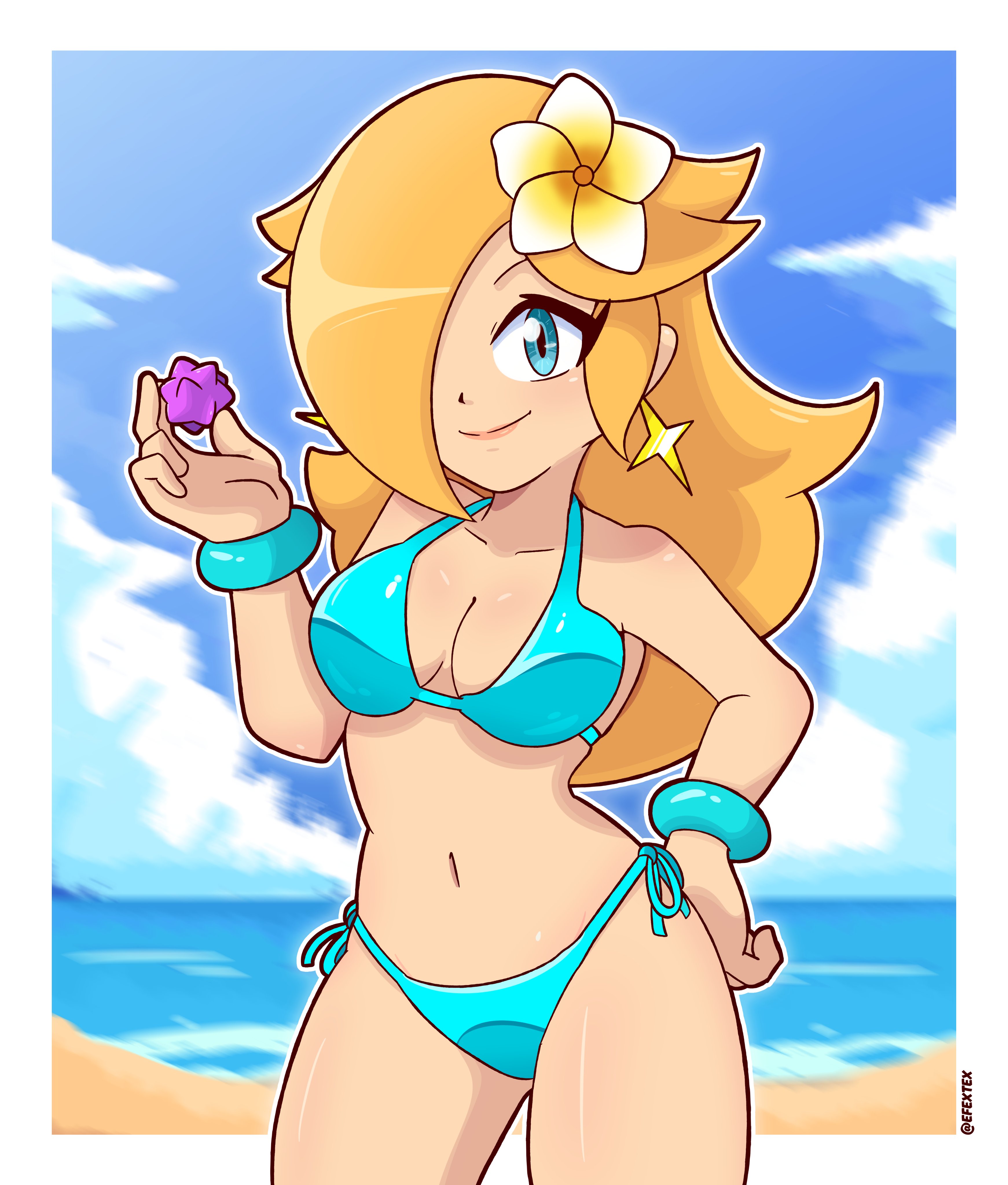 1girls, 2025, artist name, ass, beach, bikini, breasts, earrings, efextex, english, english text, female, female focus, female only, flower, flower in hair, light skin, light-skinned female, mario (series), medium ass, medium breasts, medium thighs, mostly nude, mostly nude female, nintendo, princess rosalina, sexy, solo, solo female, solo focus, star bits, star earrings, super mario bros., super mario galaxy, text, thighs, wrist cuffs