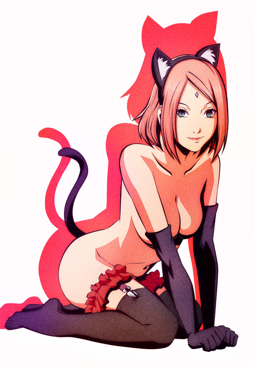 anal object insertion, animal ears, boruto: naruto next generations, breasts, cat tail, cleavage, elbow gloves, feline, female, gloves, kneeling, medium breasts, naruto, naruto (series), pink hair, sakura haruno, tail, topless