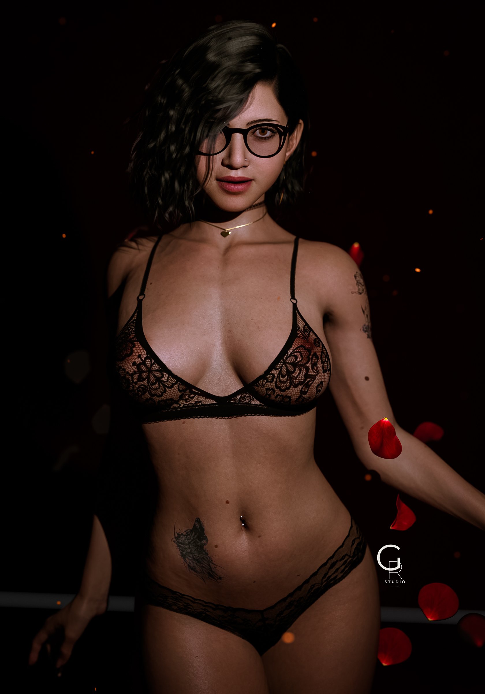 1girls, 3d, alex chen, artist logo, asiamn, asian, asian female, black hair, bra, breasts, brown eyes, clothed, clothing, female, female only, female torso, front view, giorgio rendering, glasses, life is strange, life is strange: true colors, lingerie, lipstick, navel piercing, necklace, nipples, nipples visible through clothing, panties, realistic, red lipstick, see-through bra, see-through clothing, see-through panties, solo, solo focus, standing, tattoo, thong, translucent clothing, underwear