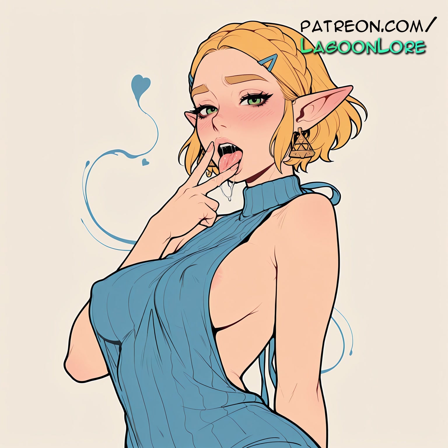 ai generated, areola, areola slip, areolae, artist name, bare shoulders, blonde hair, blush, braid, breasts, breath of the wild, bust, chest, covered nipples, earrings, female, hairclip, hi res, highres, lagoonlore, meme attire, open mouth, patreon, patreon username, pointy ears, princess zelda, ribbed sweater, short hair, sideboob, solo, sweater, the legend of zelda, tongue, tongue out, turtleneck, virgin killer sweater, watermark