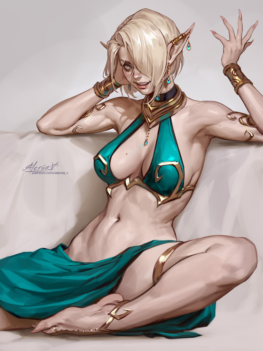 1girls, armband, barefoot, bikini top, blonde hair, breasts, cleavage, earrings, elf ears, feet, female, gesturing at viewer, jewelry, lerapi, looking at viewer, midriff, original character, short hair, sitting, solo, thin