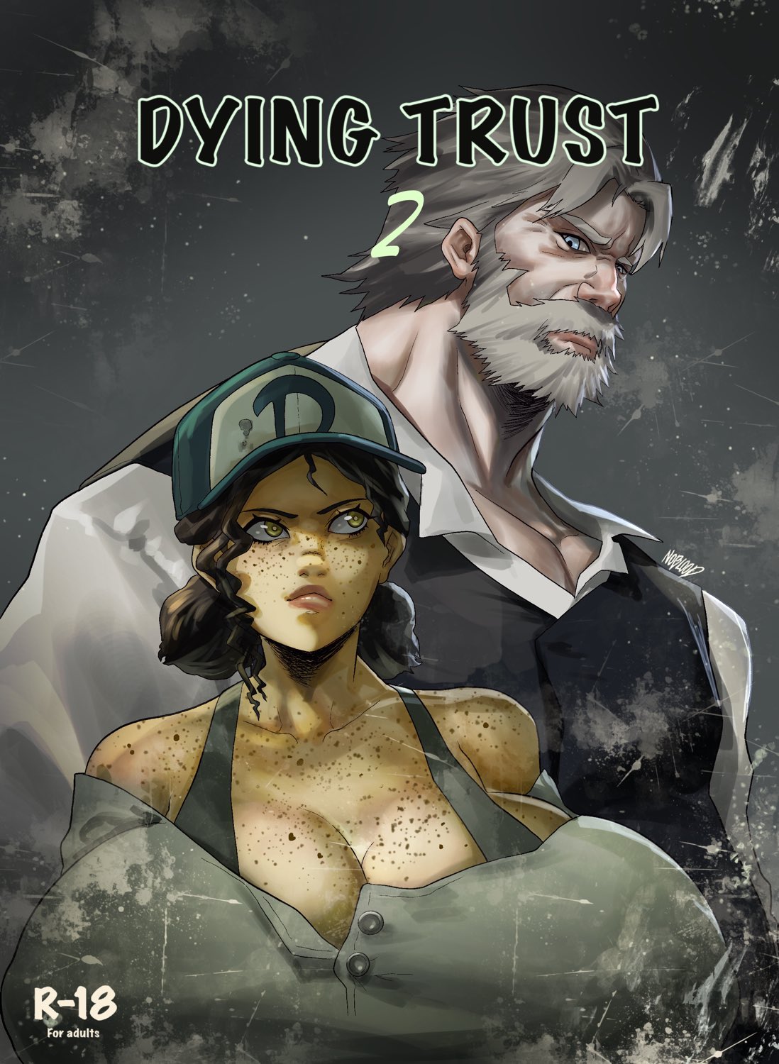 1boy, 1girls, 2d, age difference, ass, baseball cap, big breasts, blue eyes, breasts, breasts bigger than head, brown eyes, brown hair, chubby, cleavage, clementine (the walking dead), clothed, clothing, comic, comic cover, comic page, cover, curvaceous, curvy, curvy figure, english, english text, female, freckles, grey hair, hat, huge ass, huge breasts, huge butt, huge thighs, interracial, large breasts, light skin, light-skinned female, light-skinned male, lips, male, massive breasts, medium hair, noblood, noblood (ryandomonica), old male, older male, older male and younger female, plump, ryandomonica, shortstack, simple background, size difference, text, the walking dead, the walking dead game, the walking dead: a new frontier, voluptuous, voluptuous female