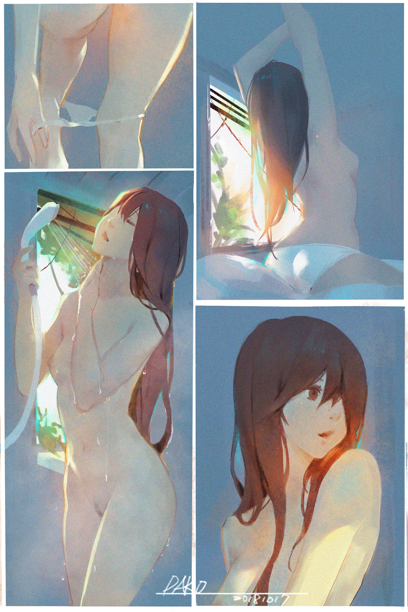 female torso, hu dako, panties, shower, showering, undressing, white panties