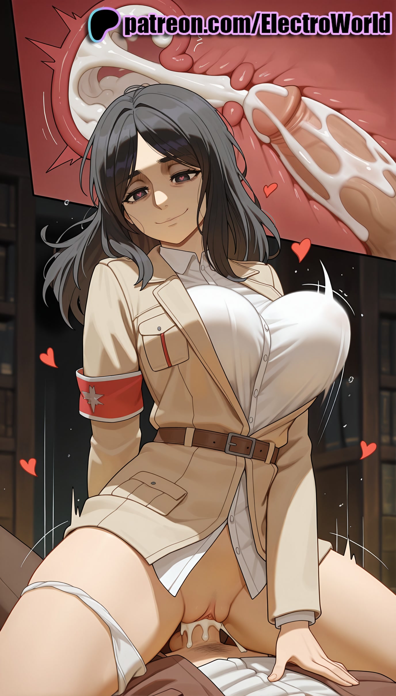 1boy, 1girls, 2025, ai generated, armband, artist name, attack on titan, belt, black hair, breasts, bust, cervix, chest, clitoral hood, clitoris, clothed sex, cock, cowgirl position, cross section, cum, cum in pussy, cum inside, deep penetration, dick, ejaculation, electroworld, exposed pussy, female, female on top, fucking, happy sex, heart, heart-shaped pupils, hi res, high quality, high resolution, highres, intercourse, internal cumshot, juicy pussy, large breasts, legs apart, legs spread, love making, male, open legs, orgasm, overflow, ovum, panties, panties around one leg, patreon, patreon username, penetration, penis, pieck finger, pov, pussy, riding, sex, sexual intercourse, shingeki no kyojin, shirt, smile, solo focus, sperm cell, splayed legs, spread legs, stable diffusion, straddling, straight, tight pussy, uncensored, underwear, uterus, vagina, vaginal penetration, watermark, x-ray