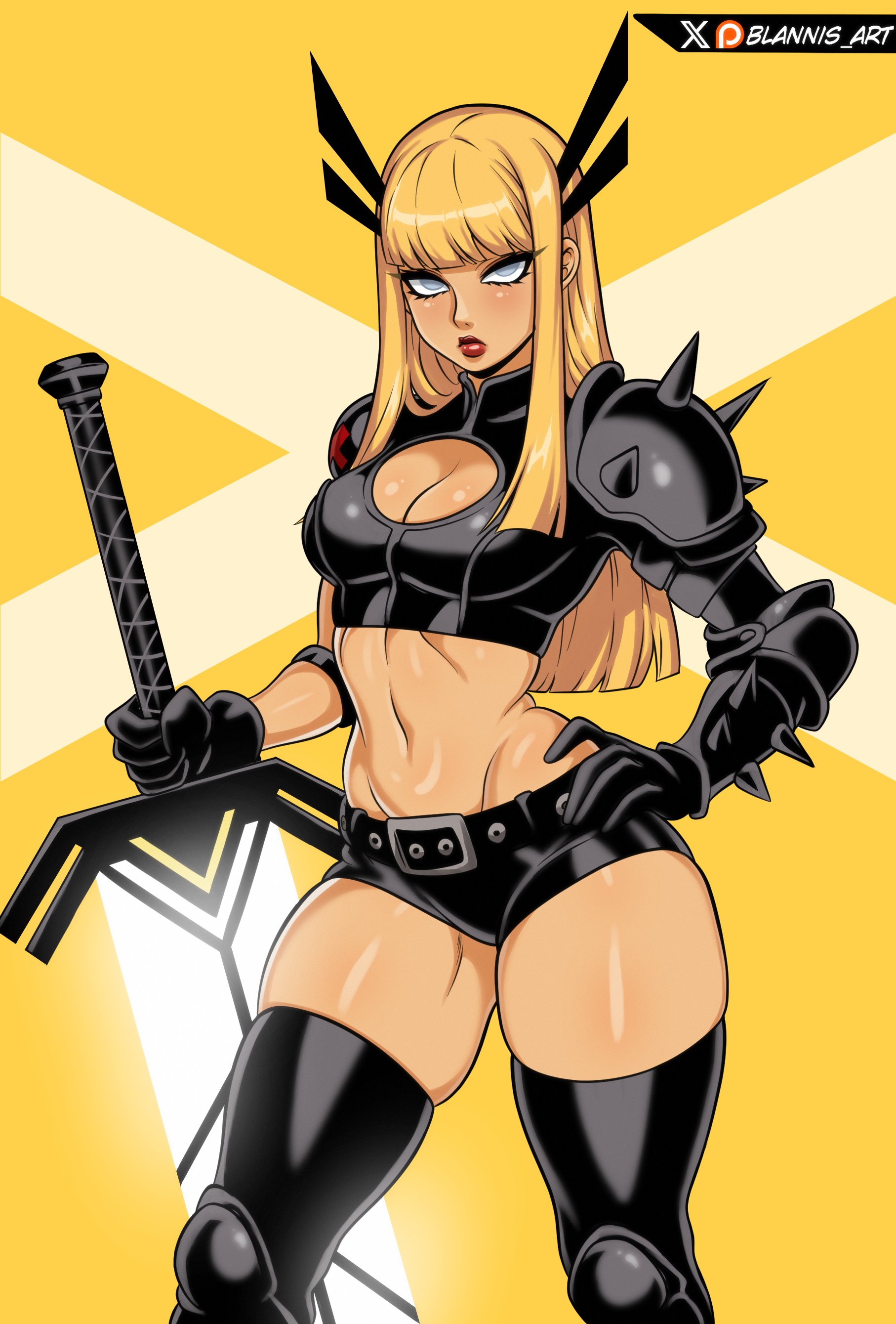 1girls, 2d, big breasts, blannis art, breasts, clothed, clothed female, female, female only, fully clothed, large breasts, light skin, light-skinned female, looking at viewer, magik (illyana rasputin), marvel, marvel comics, solo, thick thighs, thighhighs, thighs, wide hips, x-men