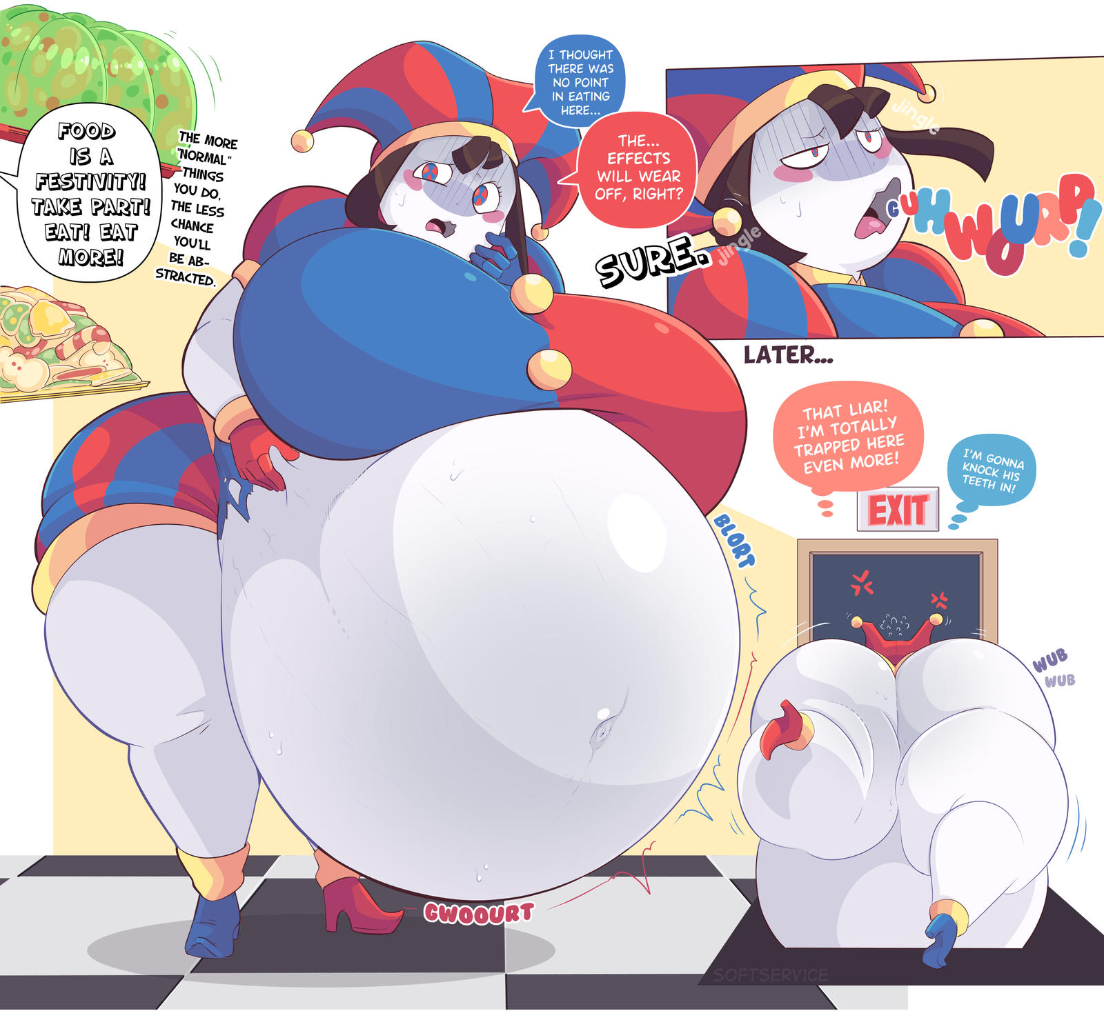 1girls, ass, belly, belly overhang, breasts, brown hair, burp, burping, fat, female, female focus, female only, food, glitch productions, gooseworx, hips, hyper breasts, immobile, immobilization, jester, jester hat, large ass, large breasts, obese, obese female, overeating, overweight, overweight female, pomni (the amazing digital circus), ripped clothing, softservice, stuck, stuck in door, the amazing digital circus, thick thighs, thighs, wardrobe malfunction, weight gain, white body, wide hips