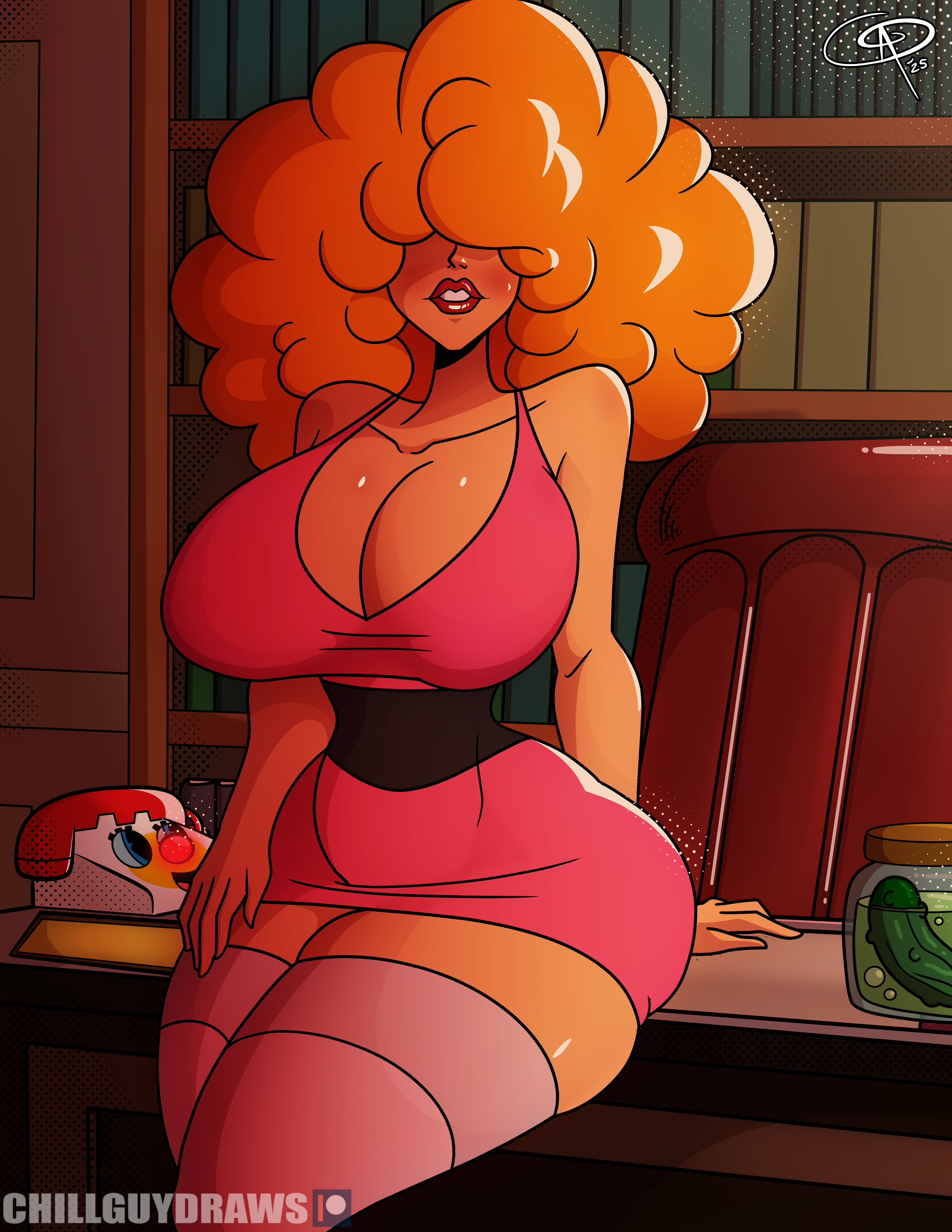 1girls, afro, alternate costume, alternate version available, big breasts, big hair, blossom (powerpuff girls) (cosplay), breasts, cartoon network, cleavage, cosplay, dress, female, female only, frostbiteboi, hair, hair over eyes, hips, huge breasts, legwear, lipstick, looking at viewer, mature, mature female, orange hair, phone, pink dress, pink thighhighs, powerpuff girls, red lipstick, sara bellum, seductive look, short dress, solo, solo female, teeth, thick lips, thick thighs, thighhighs, thighs, wide hips