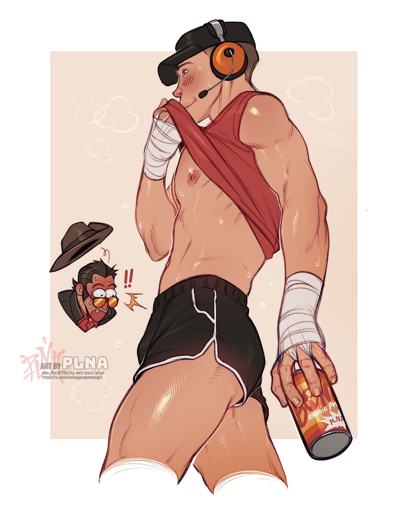 abs, exposed torso, gay, male, nipple slip, plna, post-workout, pulling up shirt, scout (team fortress 2), short shorts, shorts, sniper (team fortress 2), sweat, sweating, team fortress 2, tf2, thighs, voyeur, wiping sweat, yaoi
