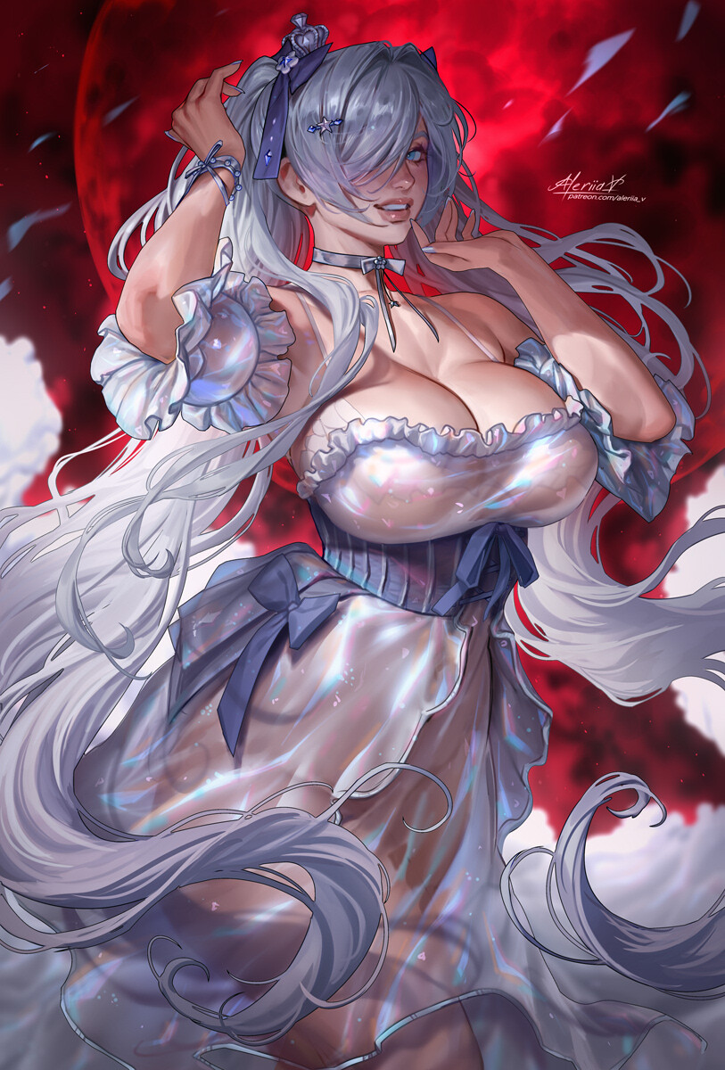 big breasts, breasts, cinderella (nikke), cleavage, female, goddess of victory: nikke, grey hair, lerapi, looking at viewer, see-through