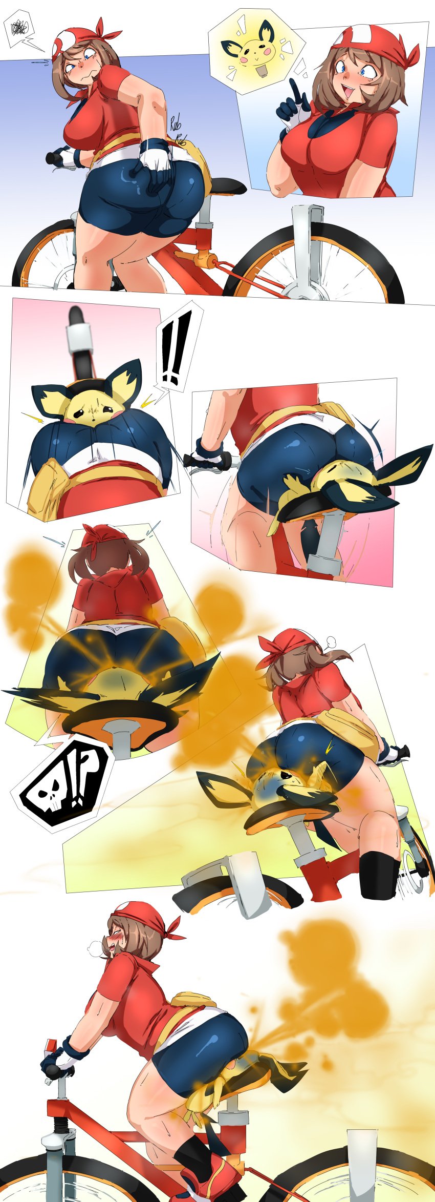 bike comic facesitting fart fart_fetish fart_torture fat_ass female female_focus larger_female lazei may_(pokemon) pichu pokemon stinky