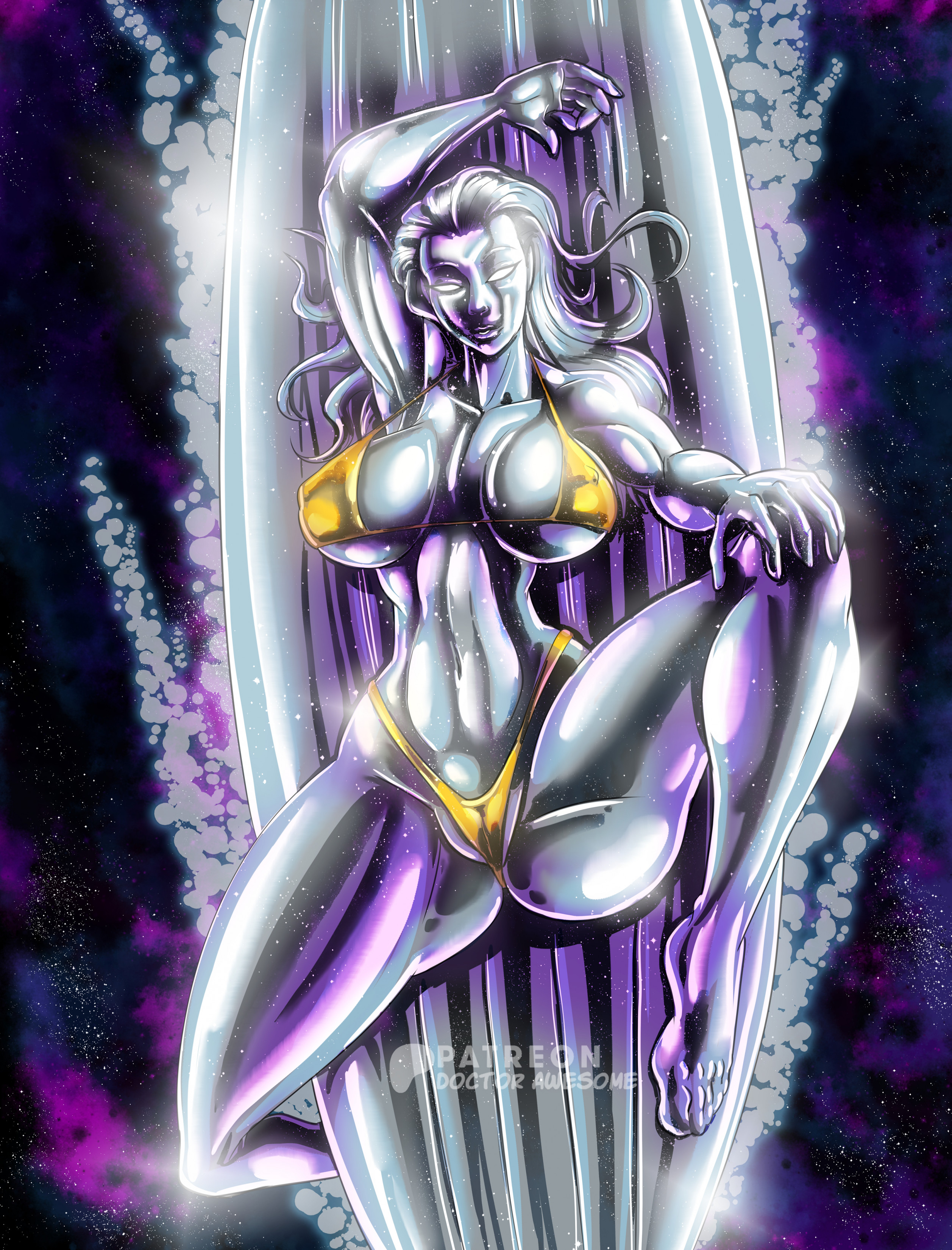 1girls, ass, barefoot, big ass, big breasts, bikini, board, breasts, cameltoe, chrome, cleavage, clothed, clothed female, clothing, eyebrows, eyes, fantastic four, feet, female, female only, from above, gold bikini, gold clothing, hair, hand on knee, lips, long hair, long-haired female, looking at viewer, lying, lying on back, marvel, marvel comics, metallic body, midriff, no pupils, on back, open eyes, partially clothed, pose, pupilless eyes, pussy, shalla-bal, shiny, shiny skin, silver body, silver surfer, silver surfer (shalla-bal), slim waist, solo, space, spread legs, straight hair, surfboard, swimsuit, swimwear, thebigbadwolf01, thick thighs, thighs, toe, underboob, white eyes, wide hips