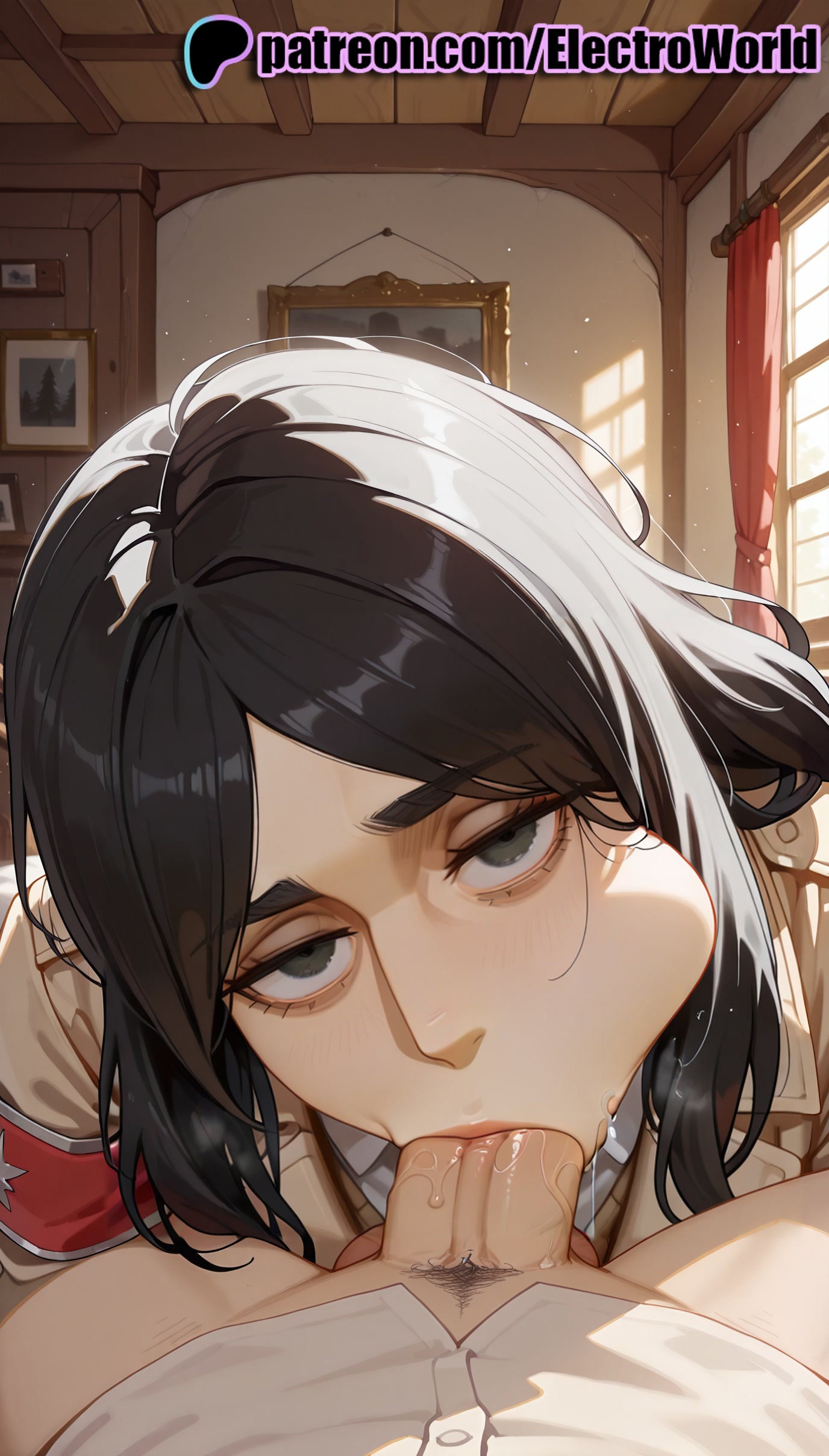 :>=, 1boy, 1girls, 2025, ai generated, artist name, attack on titan, black hair, blowjob, blowjob face, book, cock, dick, electroworld, fellatio, female, hi res, high quality, high resolution, highres, indoors, licking, looking at viewer, male, male pubic hair, multicolored hair, oral, oral sex, patreon, patreon username, penis, pieck finger, pov, pubic hair, shingeki no kyojin, stable diffusion, straight, sucking, uncensored, watermark, white hair